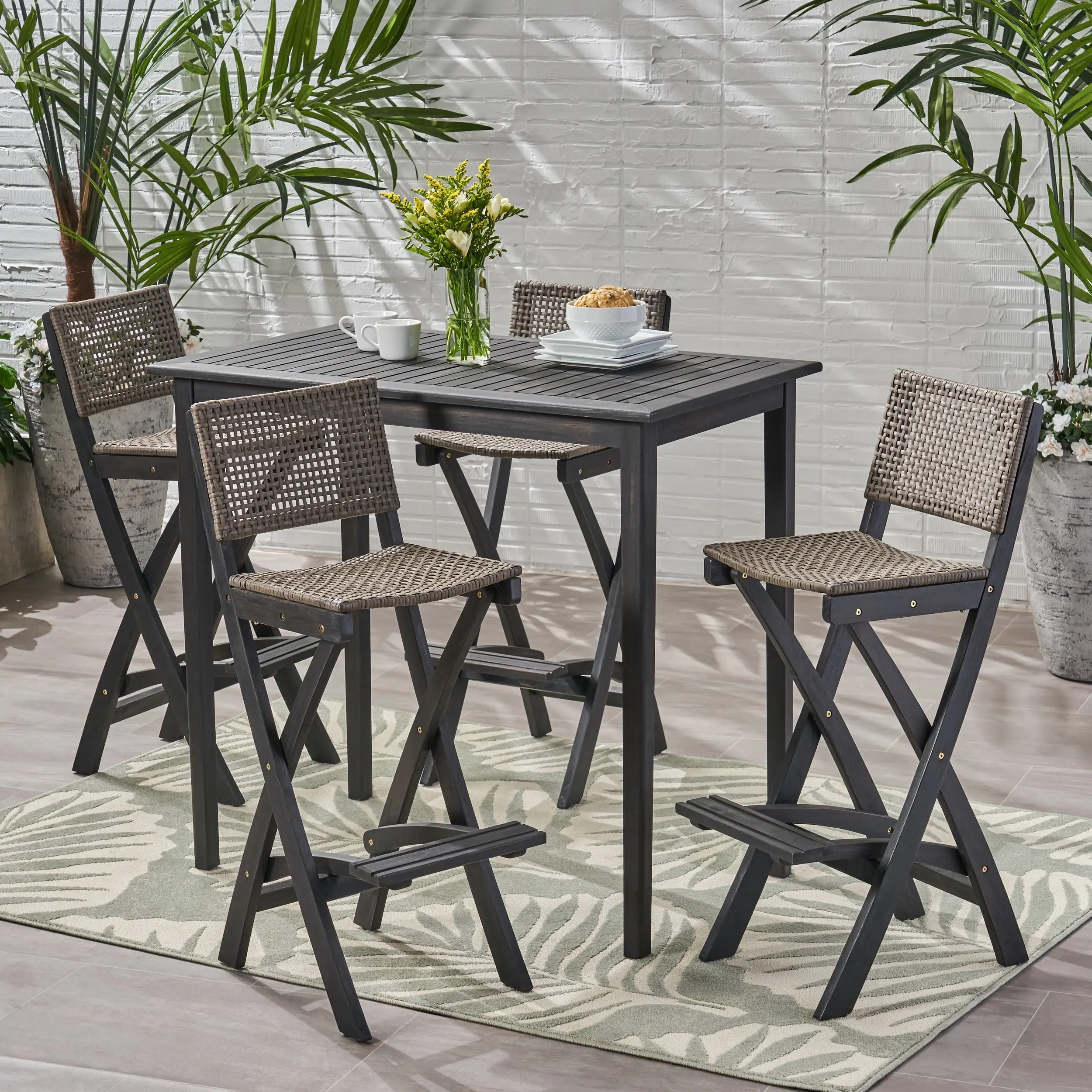 Polaris Outdoor Rectangular 5-Pc Wood and Wicker Bar Height Set Dark Gray/Brown