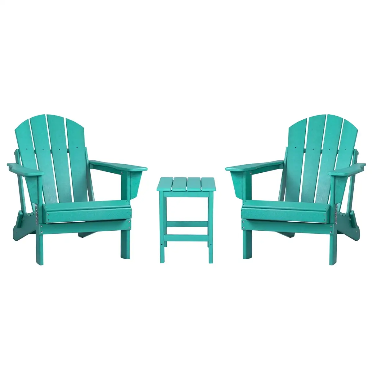 Polytrends Laguna All Weather Poly Outdoor Patio Adirondack Chair Set - with Square Side Table (3-Piece) Turquoise