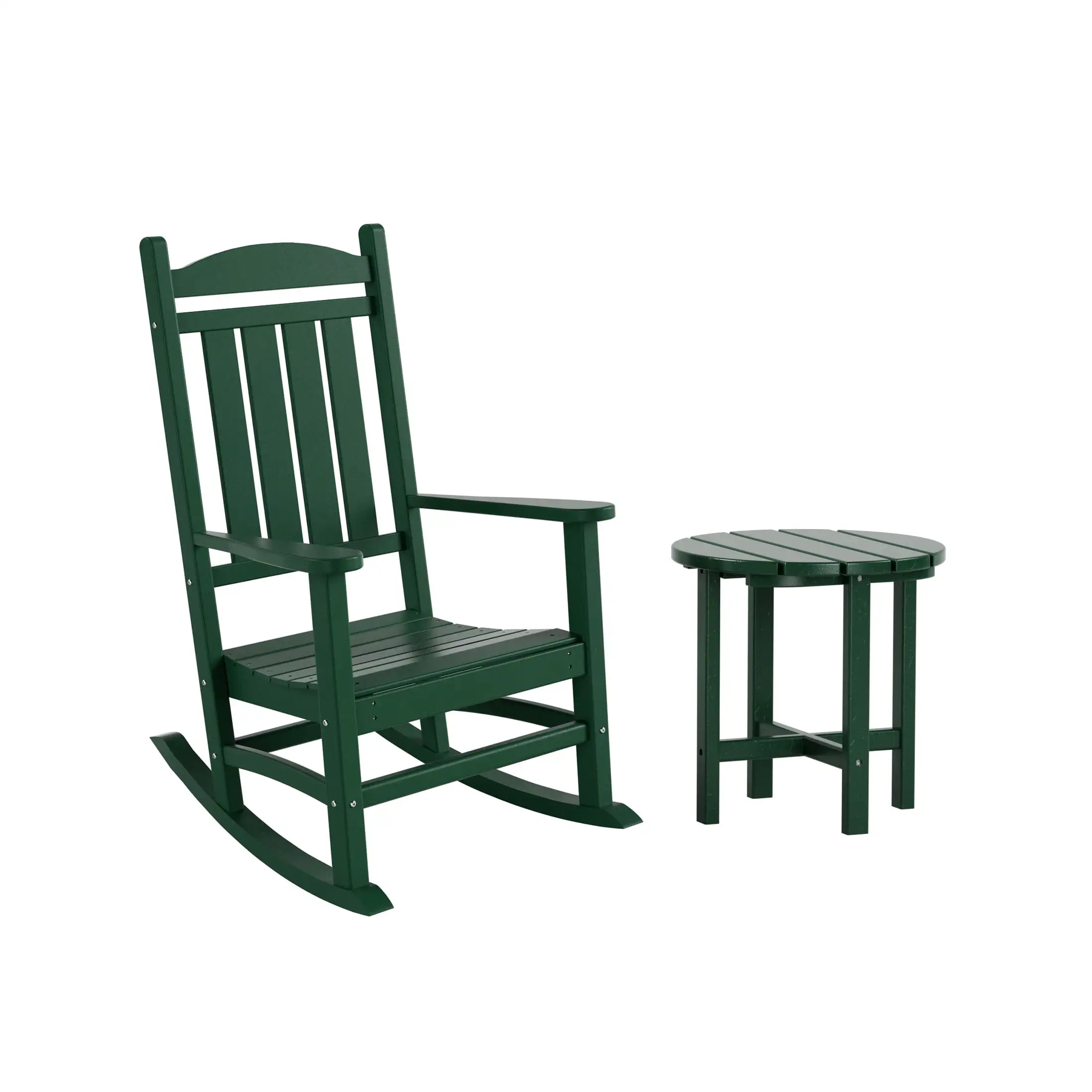 Polytrends Laguna Traditional Poly Weather-Resistant Rocking Chair with Side Table Set Dark Green