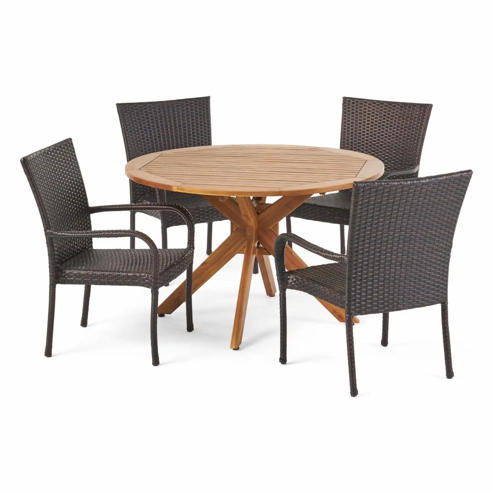 Christopher Knight Home Avoca Outdoor 5 Piece Multibrown PE Wicker Dining Set with Circular Dining Table by Teak