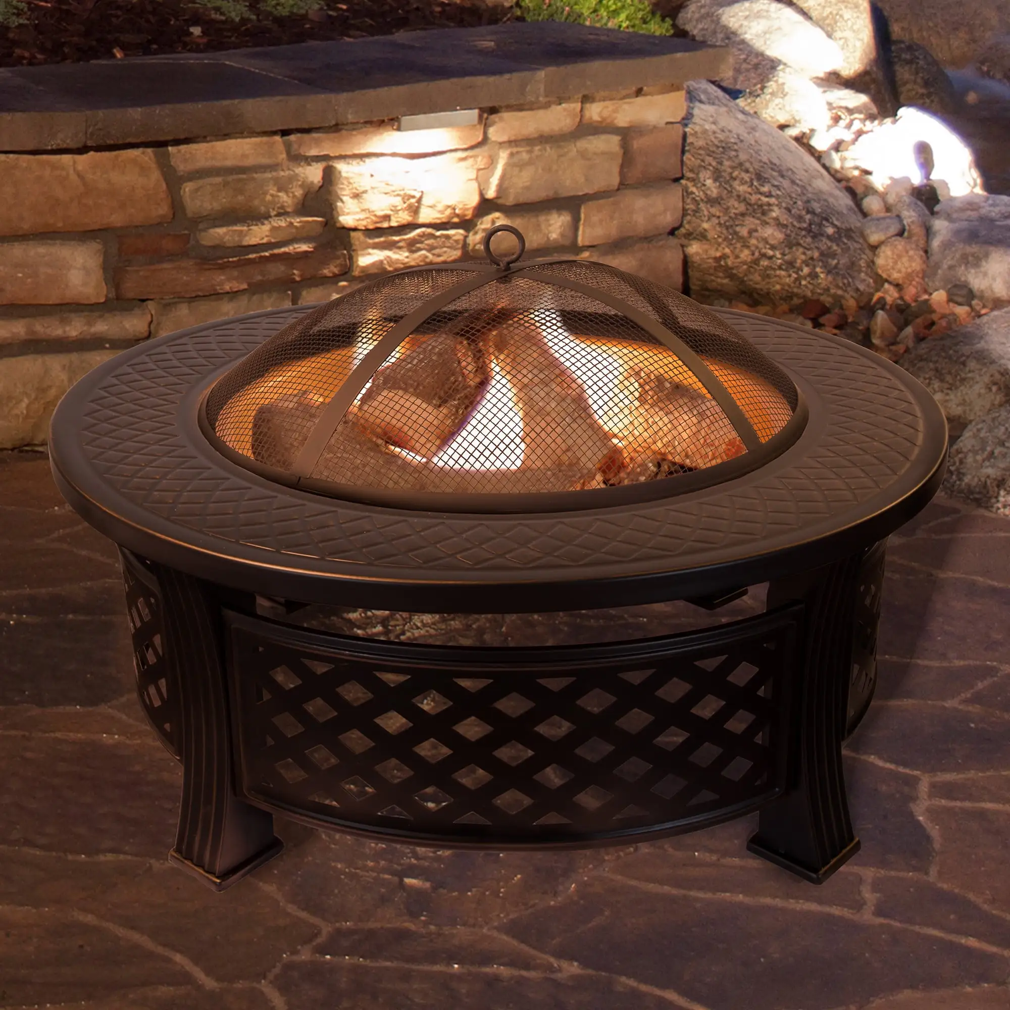 Pure Garden 32-inch Outdoor Fire Pit with Spark Screen. Poker. and Cover (Bronze)