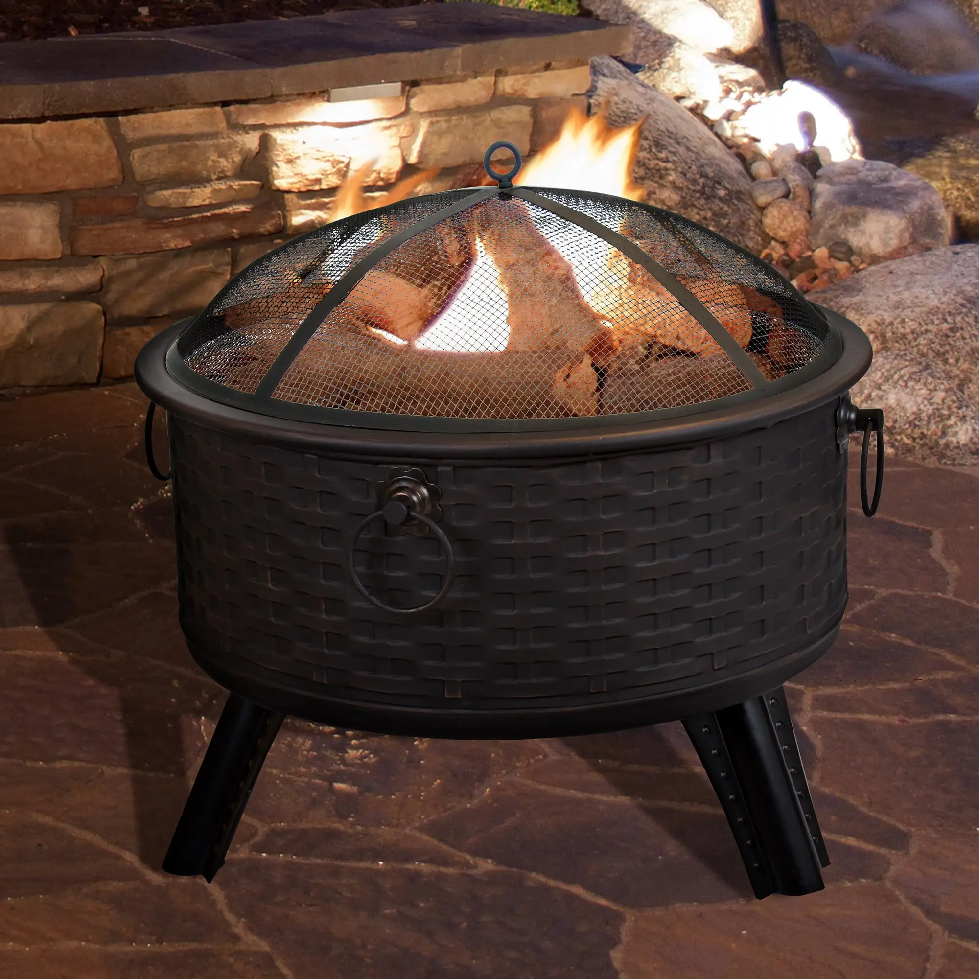 Pure Garden Fire Pit Set. Wood Burning Pit - Includes Screen. Cover and Log Poker - Great for Outdoor and Patio. 26-Inch Woven Metal Round Firepit