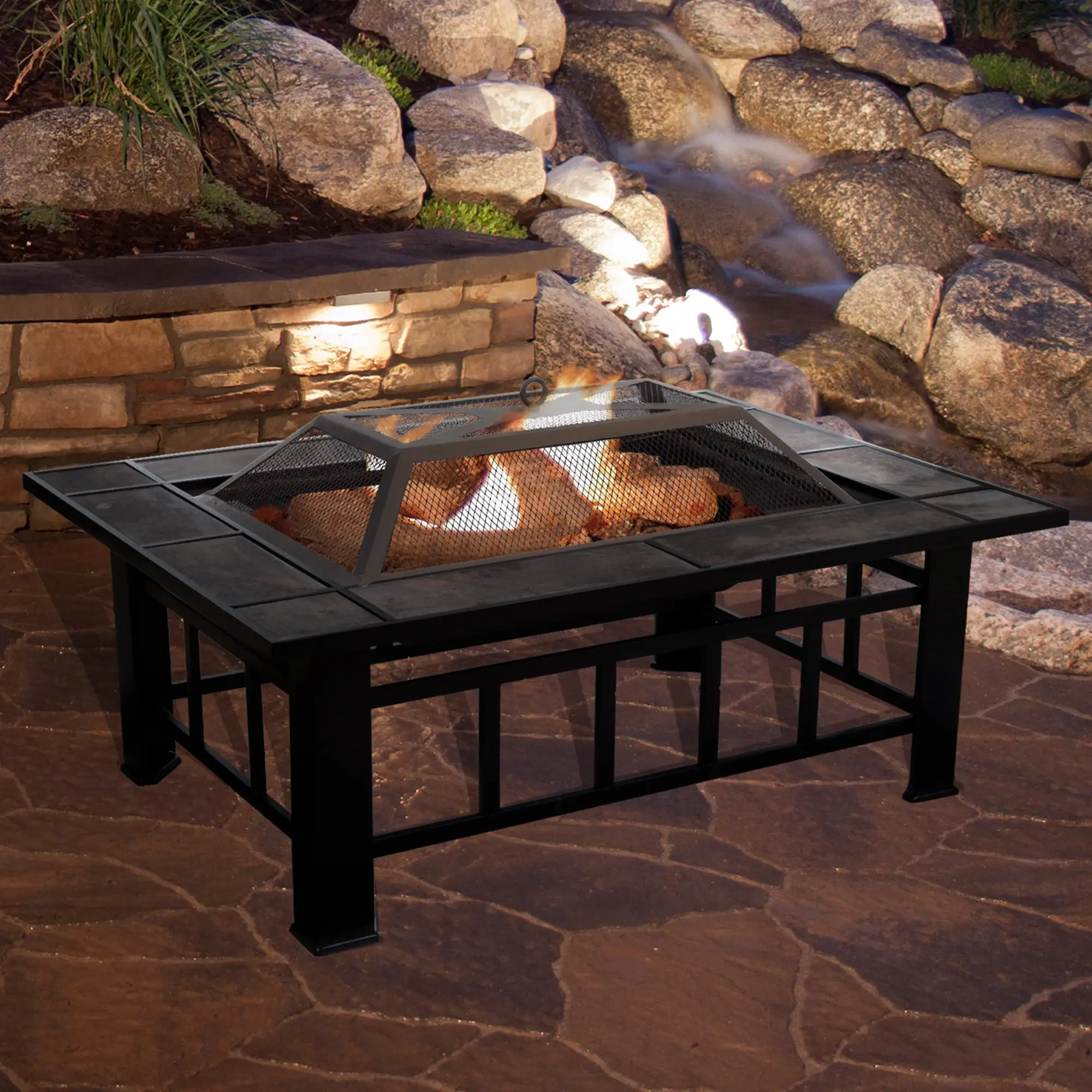 Pure Garden Fire Pit Set. Wood Burning Pit - Includes Screen. Cover and Log Poker - Great for Outdoor and Patio. 37 Marble Tile Rectangular Firepit