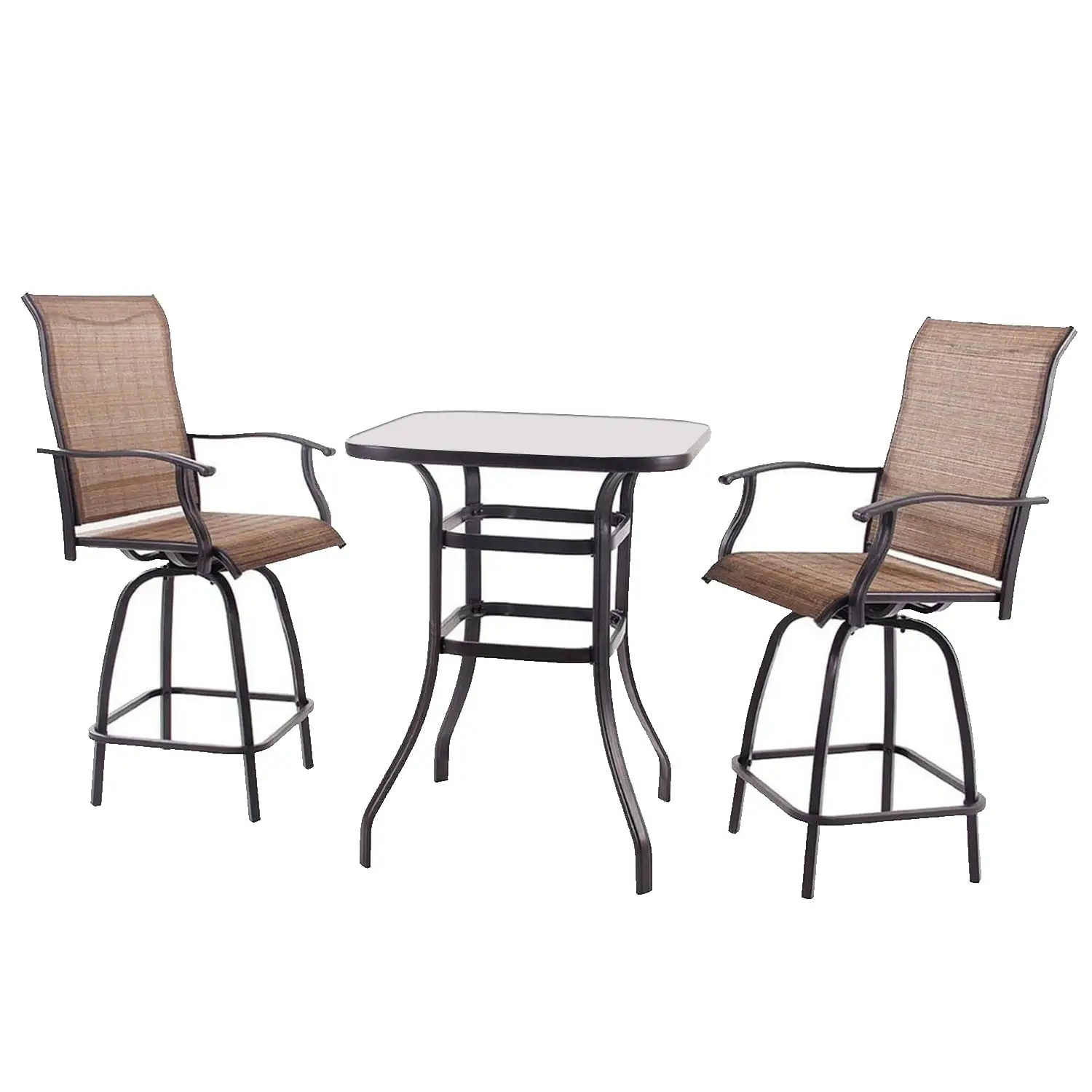 Pyramid Home Decor 3-Piece High Swivel Bar Set - High Top Tempered Glass Table with 2 Stools - Chairs Made of Brown Textilene Sling Fabric. Strong Metal Frames - Great for Patio. Porch. Poolside Area