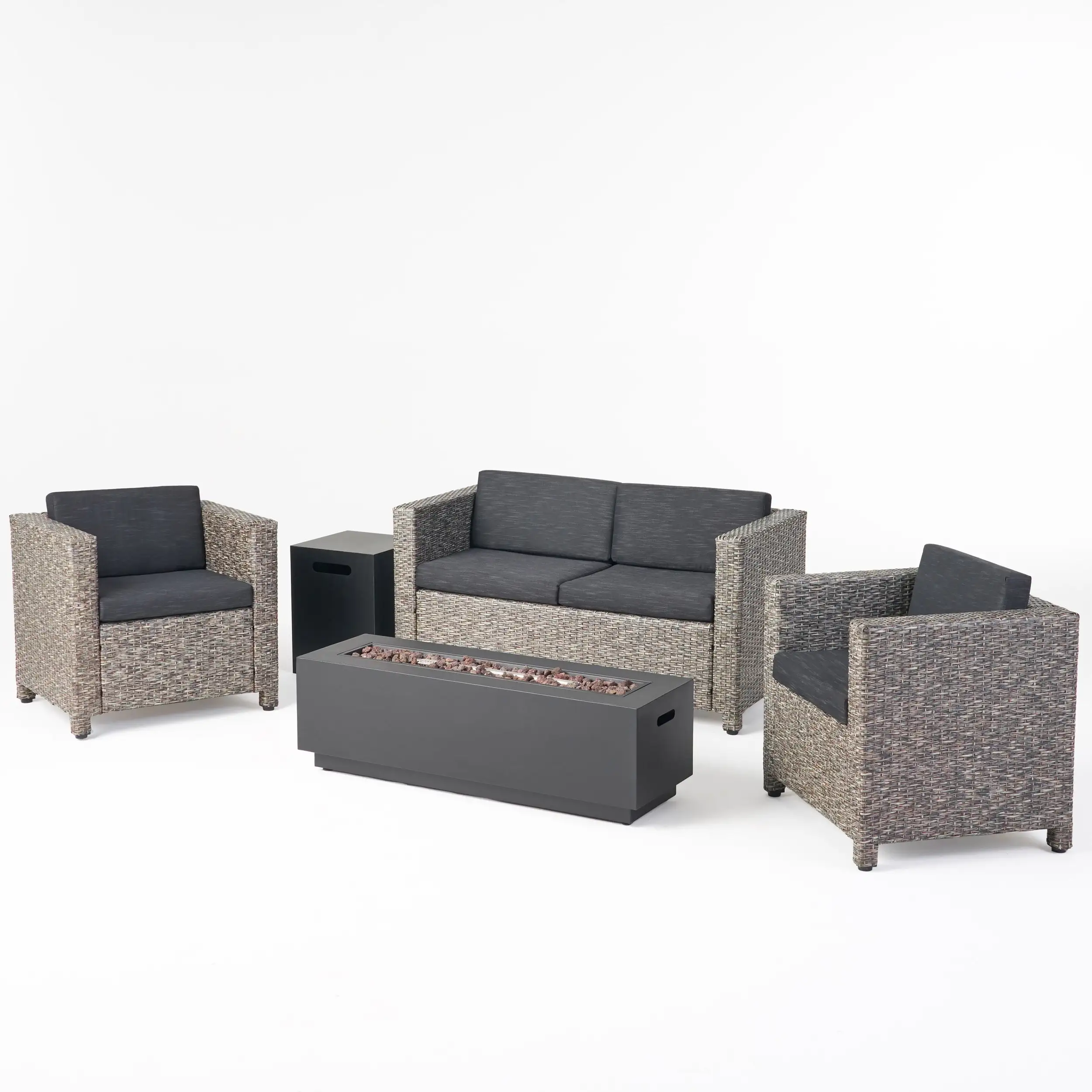 Qwynn Outdoor 4 Seater Wicker Chat Set with Fire Pit. Mix Black and Dark Gray