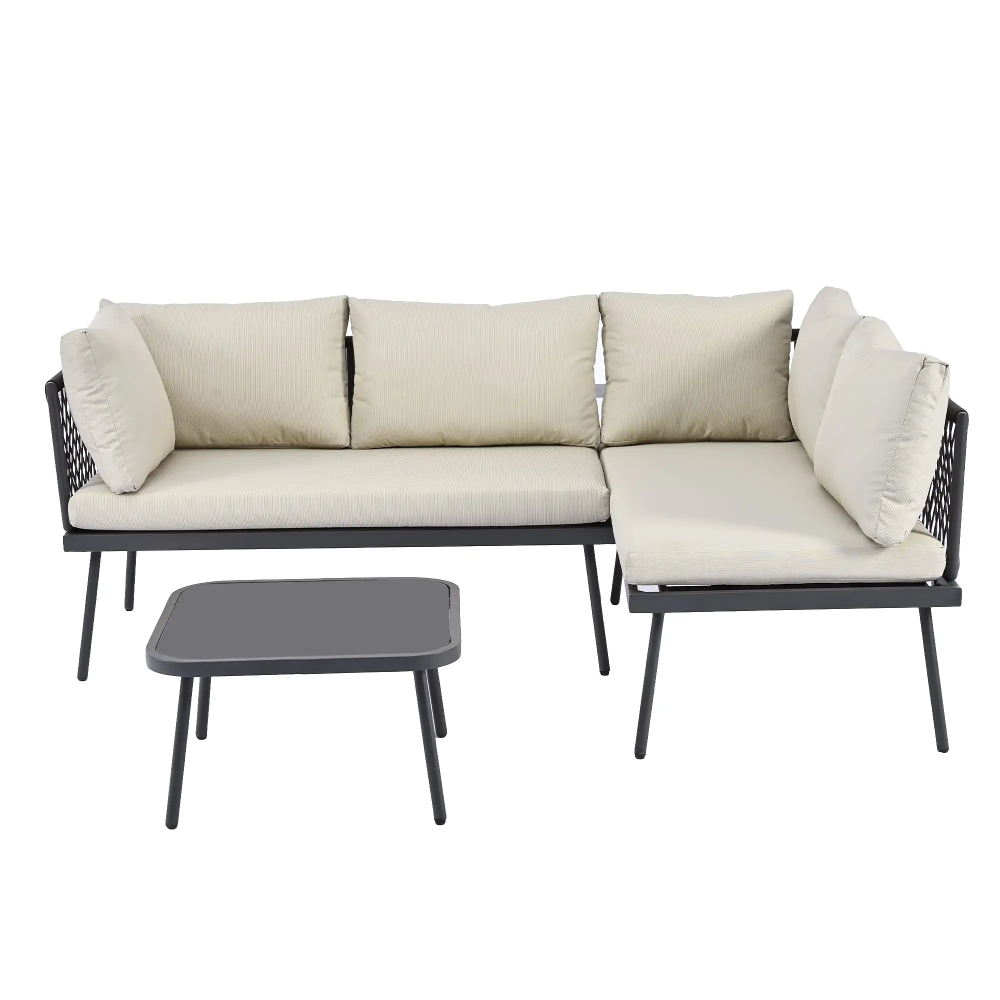 RONSHIN 3 Pieces Patio Lounge Set with Coffee Table. All-weather PE Rattan Conversation Sofa Kit with Cushion. Tempered Glass Tabletops. for Outdoor. Courtyard