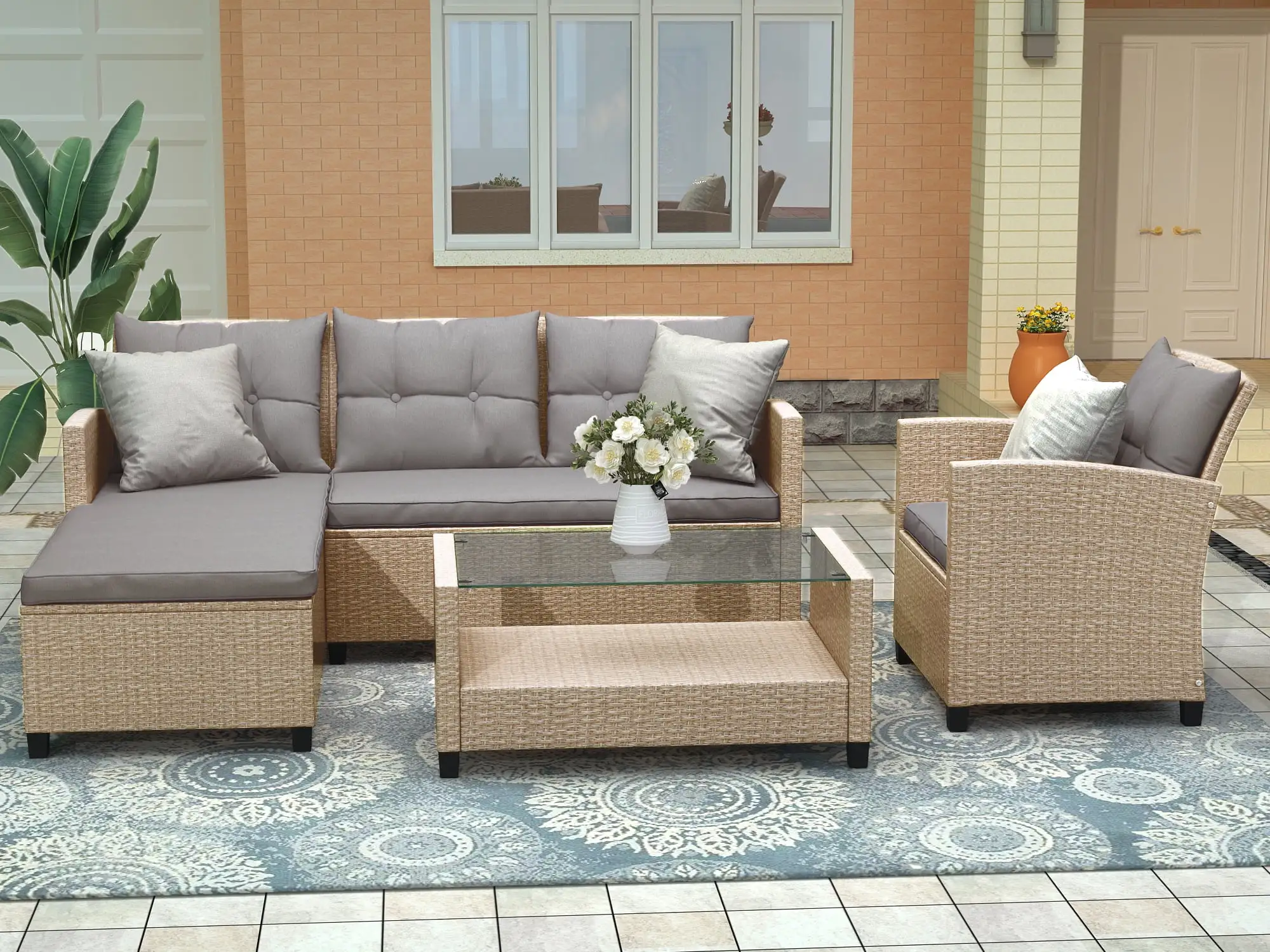 RONSHIN 4 Piece Patio Furniture Conversation Set All Weather Wicker Ratten Sectional Sofa with 2-Seater. Lounge Couch And Sofa Chair. Coffee Tables. for Yard Garden Porch