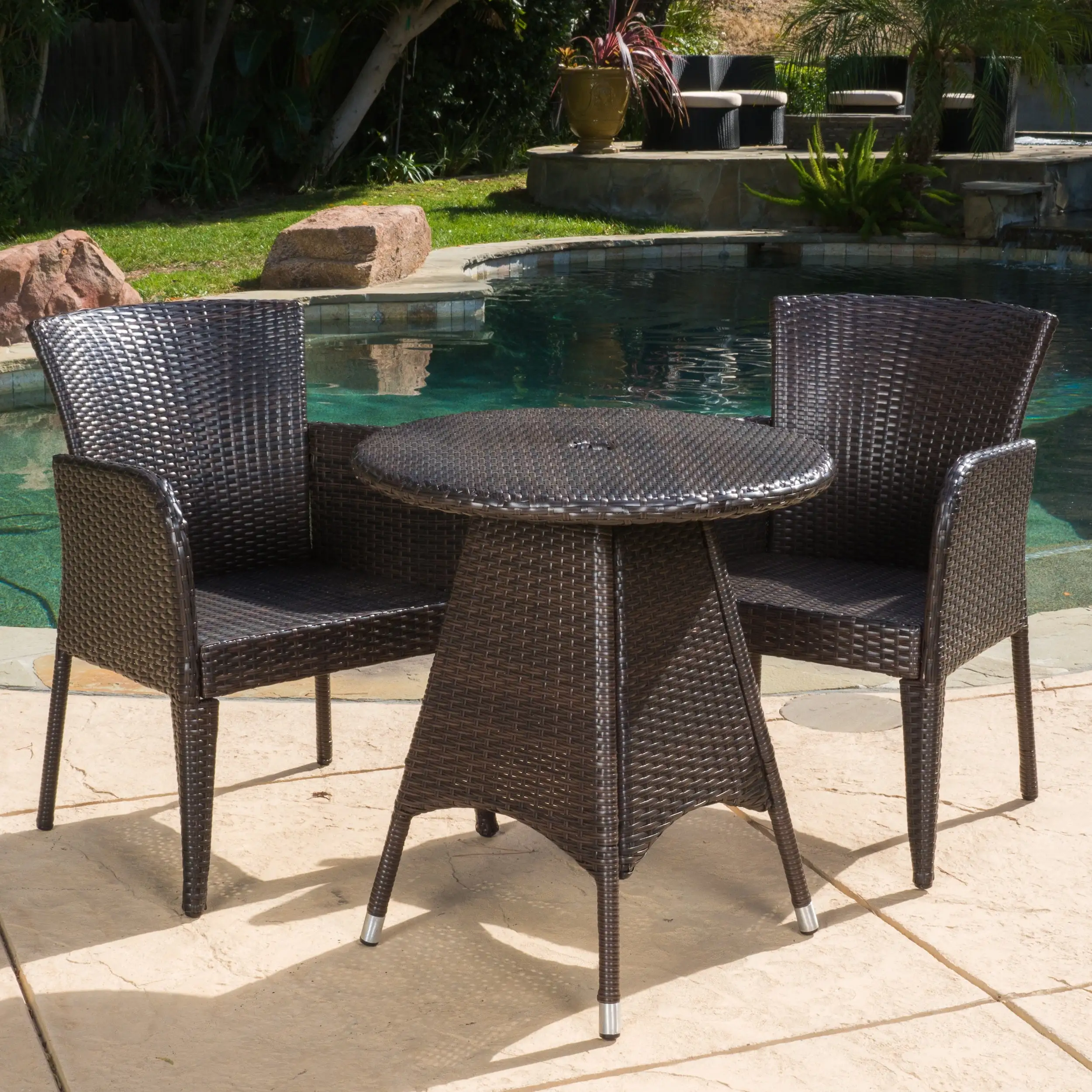 Ramsey 3 Piece Outdoor Round Wicker Bistro Set. Multibrown