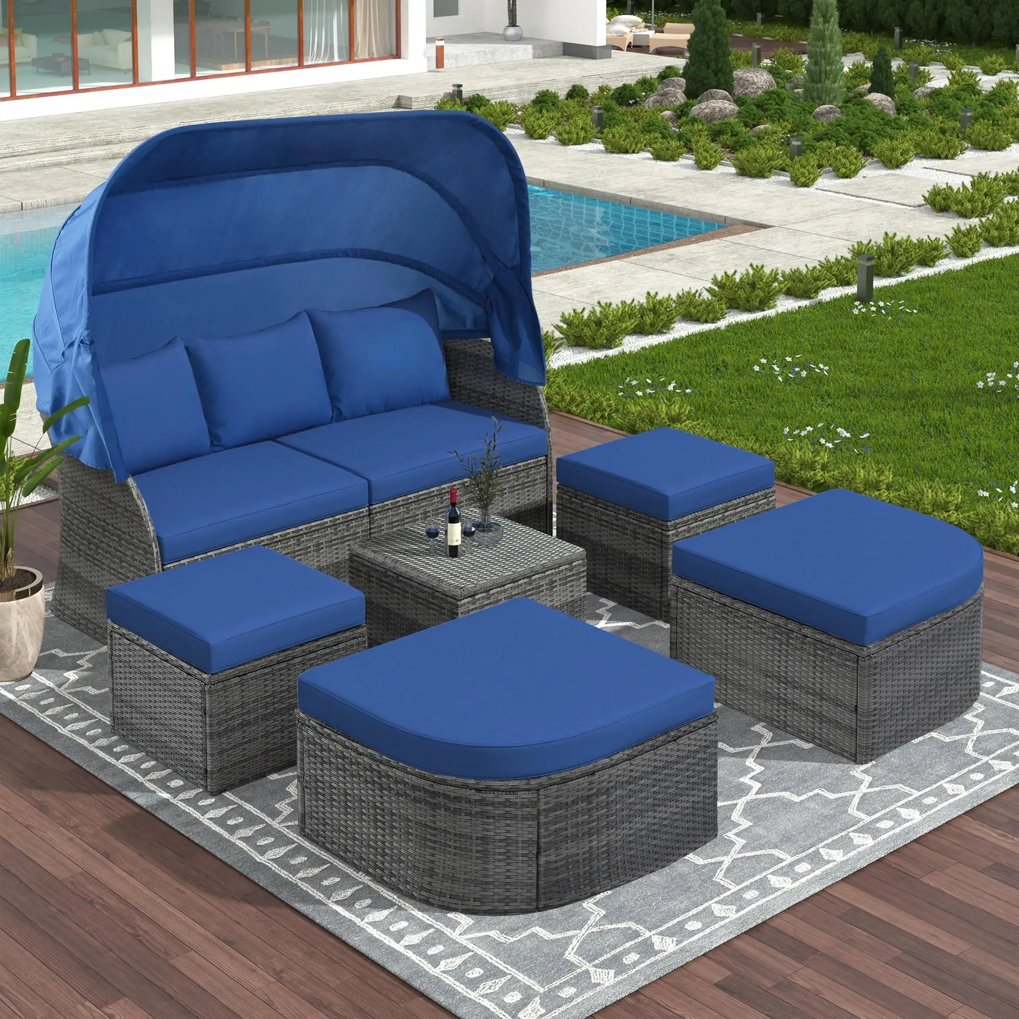 Rattan Outdoor Daybed. Patio Sectional Daybed with Retractable Canopy. Large Poolside Sofa Set for 8 Persons. 4 Cushioned Stools. 1 Liftable Table. 1 3-seat Sofa. Patio Furniture Lounge Set