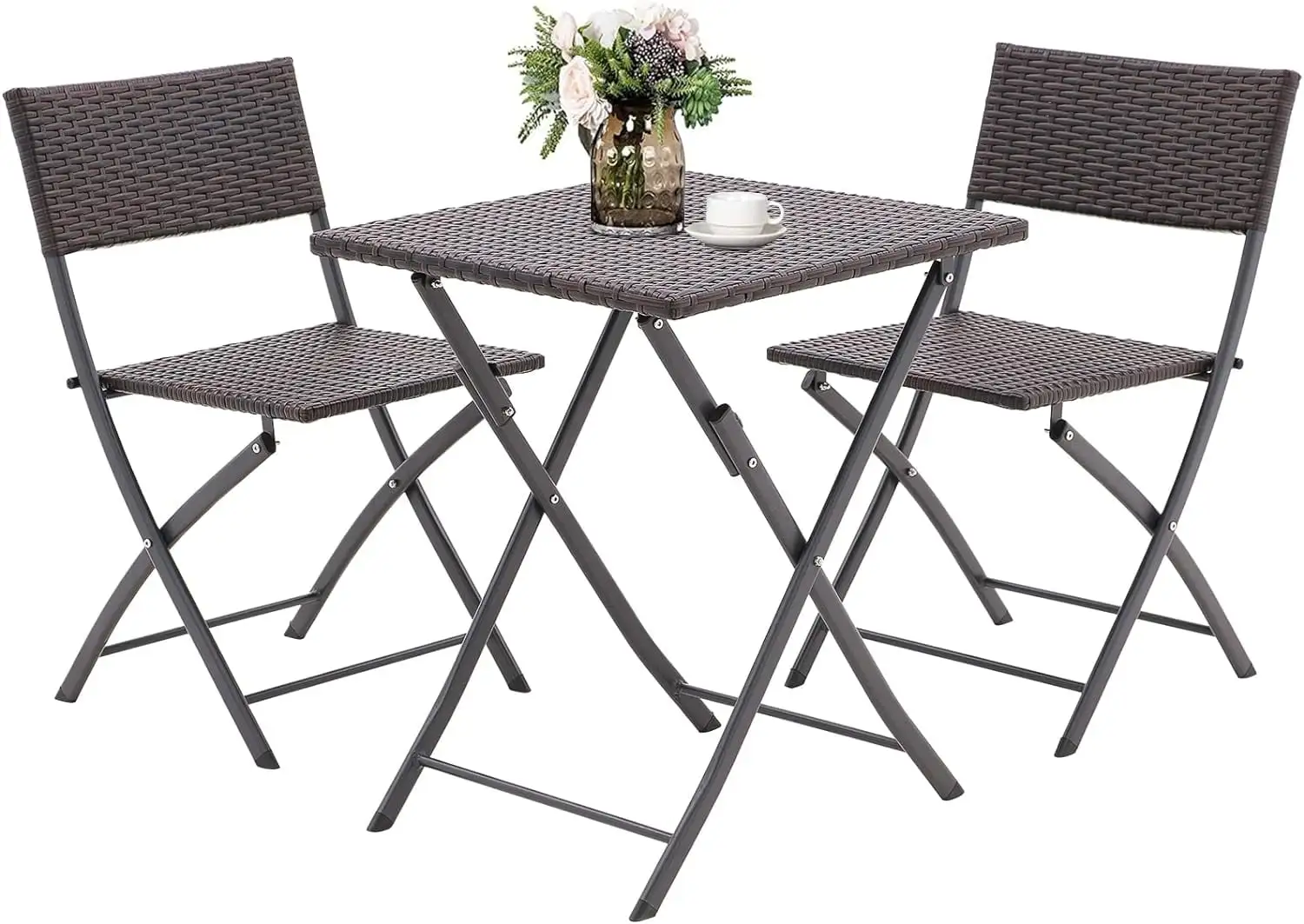 Rattan Patio Bistro Set. 3 Piece Foldable Outdoor Patio Furniture Sets. with Folding Table and Two Chairs. for Garden. Backyard. Pool. Lawn. Porch. Balcony. All Weather Rattan Style (Dark Curry Color)