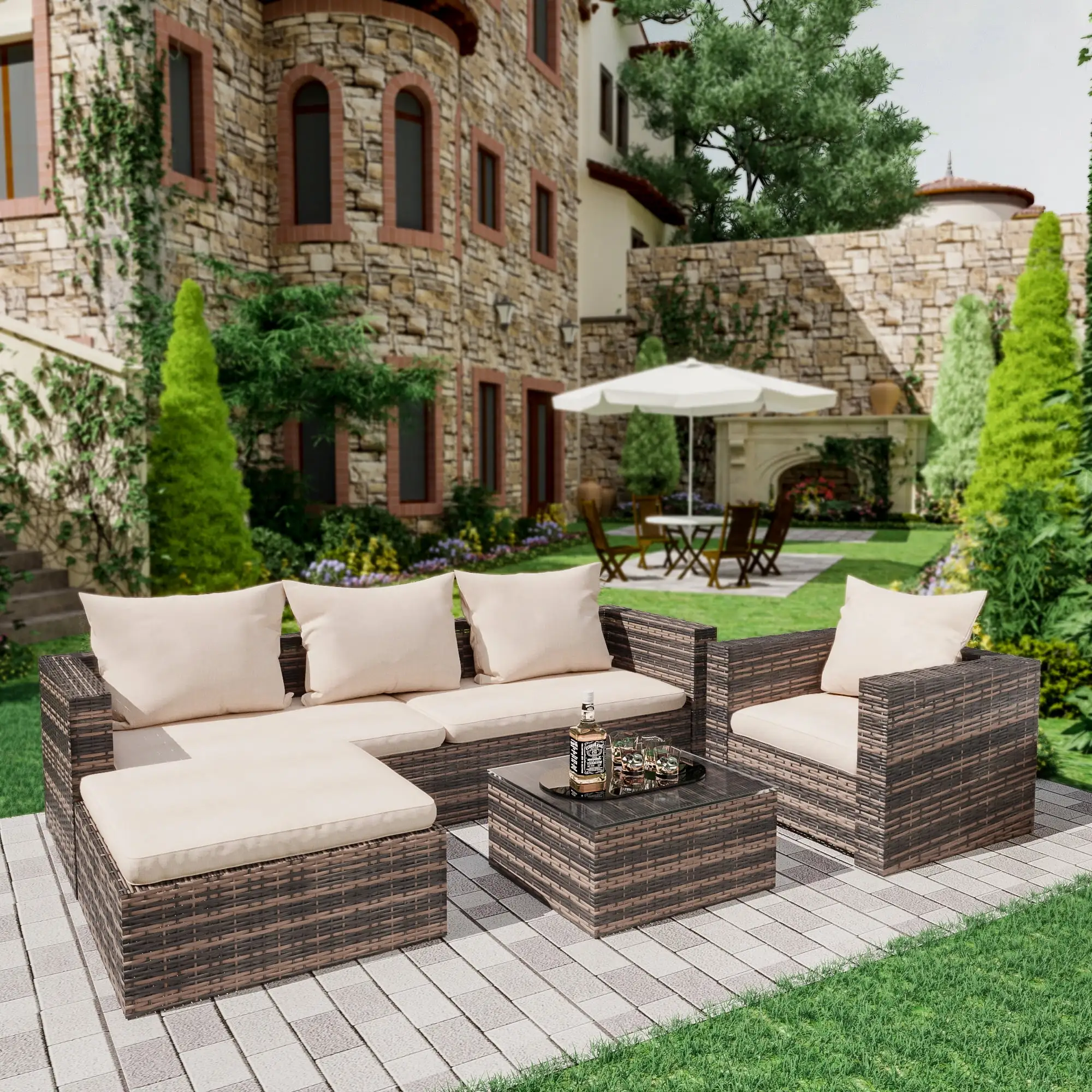 Rattan Patio Sofa Set. 4 Pieces Outdoor Sectional Furniture Set. All-Weather PE Rattan Wicker Patio Conversation Set. Cushioned Sofa Set with Glass Table & Pillows for Patio Garden Poolside Deck. B626