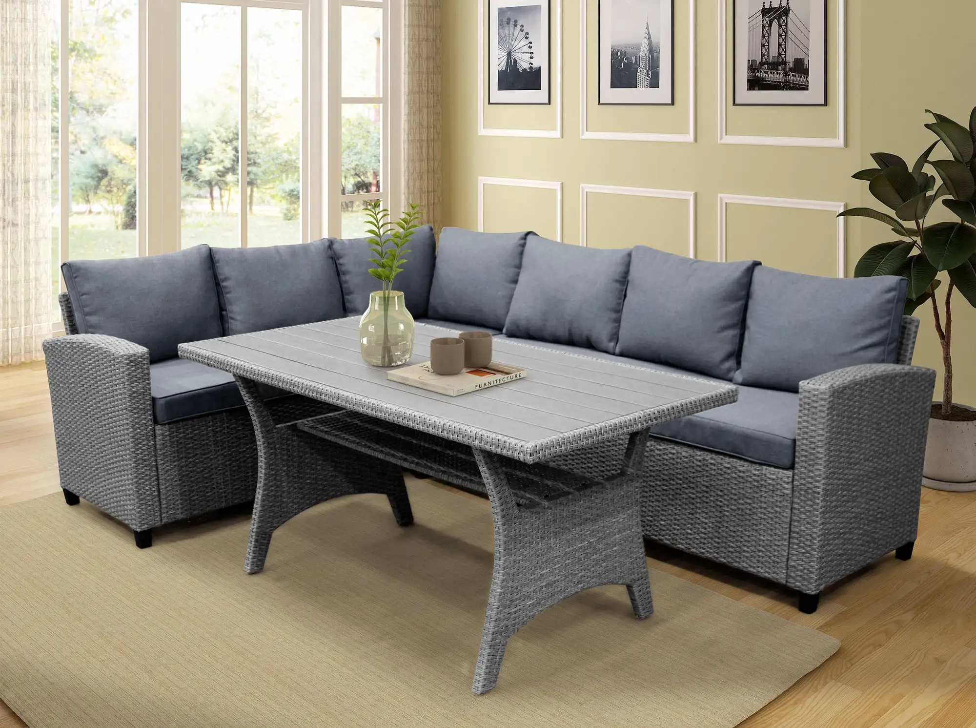 Rattan Sectional Dining Furniture Set. 3 Pieces Outdoor Patio Bistro Conversation Family Set with Removable Seat Cushions & Square Wood Top Table for Porch. Backyard. 705lbs. Gray. S7007