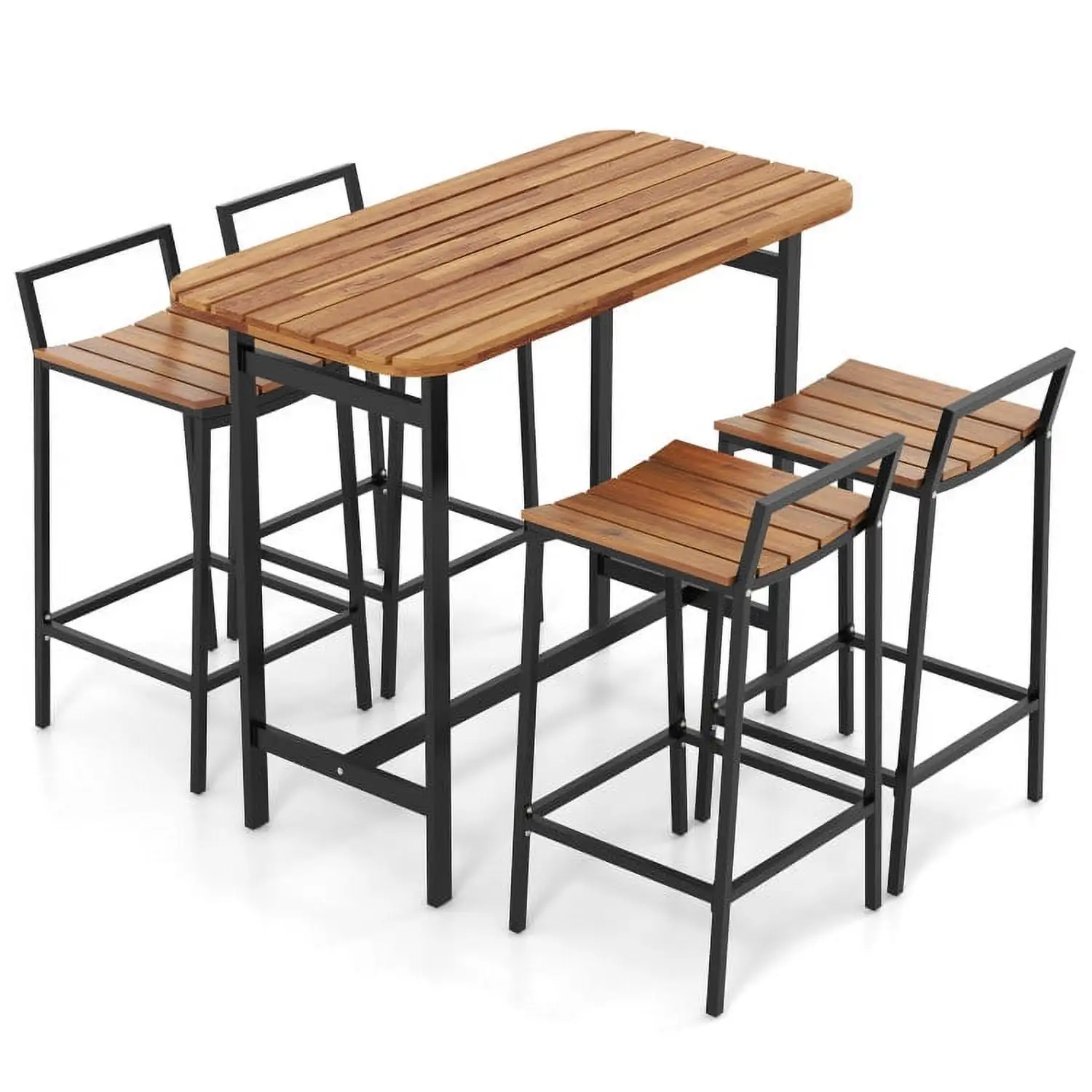 Resenkos 5 Piece Acacia Wood Bar Table Set Bar Height Table and Chairs with Metal Frame and Footrestfor Balcany. Poolside