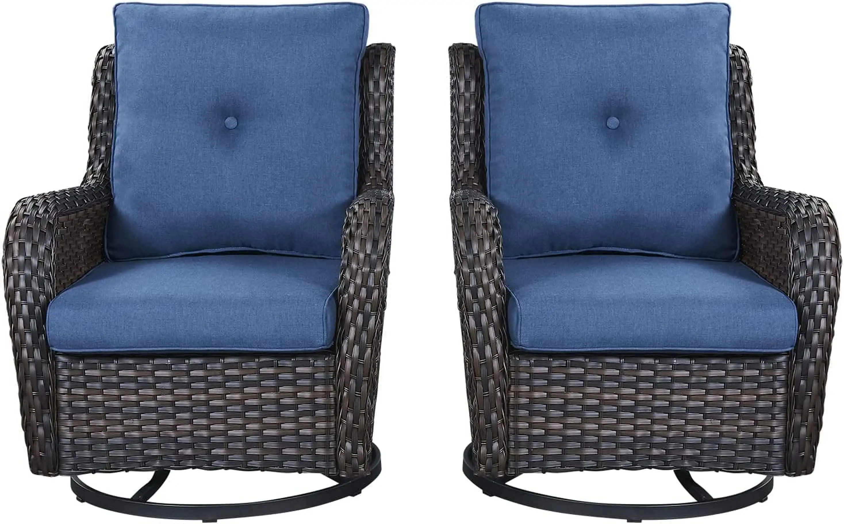 Rocking Chair Swivel Chairs - 3 Piece Rocker Patio Furniture Set Rattan Rocking Bistro Sets with Glass Top Side Table for Outdoor Porch Deck Garden Backyard (Brown/Blue)