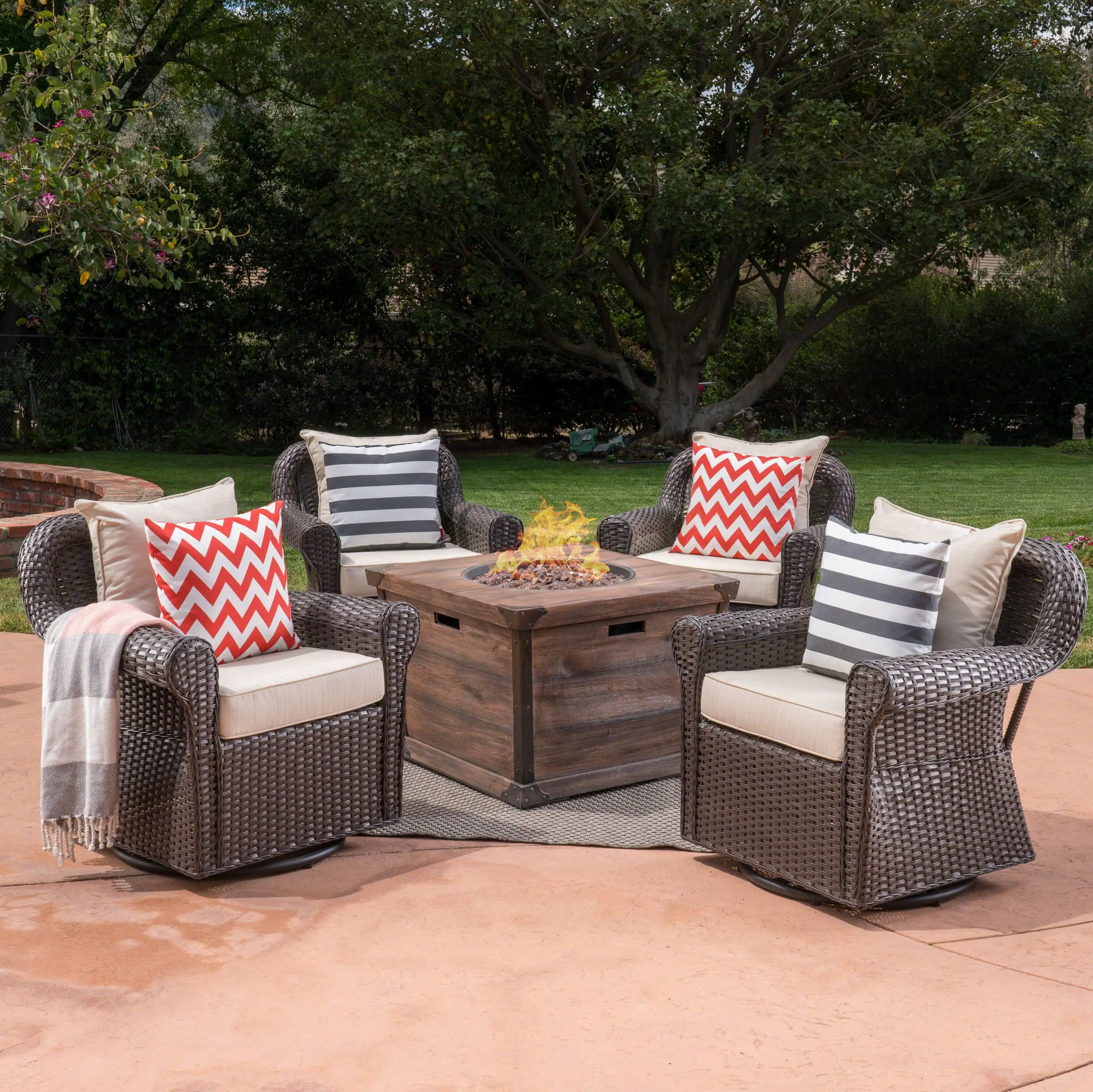 Roger Outdoor 5 Piece Swivel Wicker Club Chairs with Aluminum Frame and Fire Pit. Dark Brown. Beige. Brown