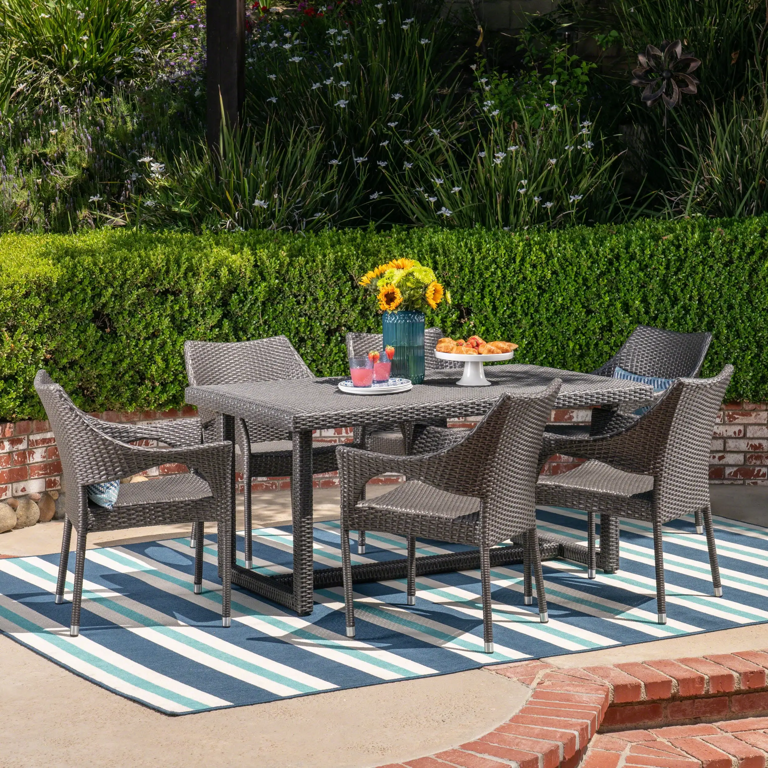 Noble House Abbott 7 Piece Wicker Patio Dining Set in Gray