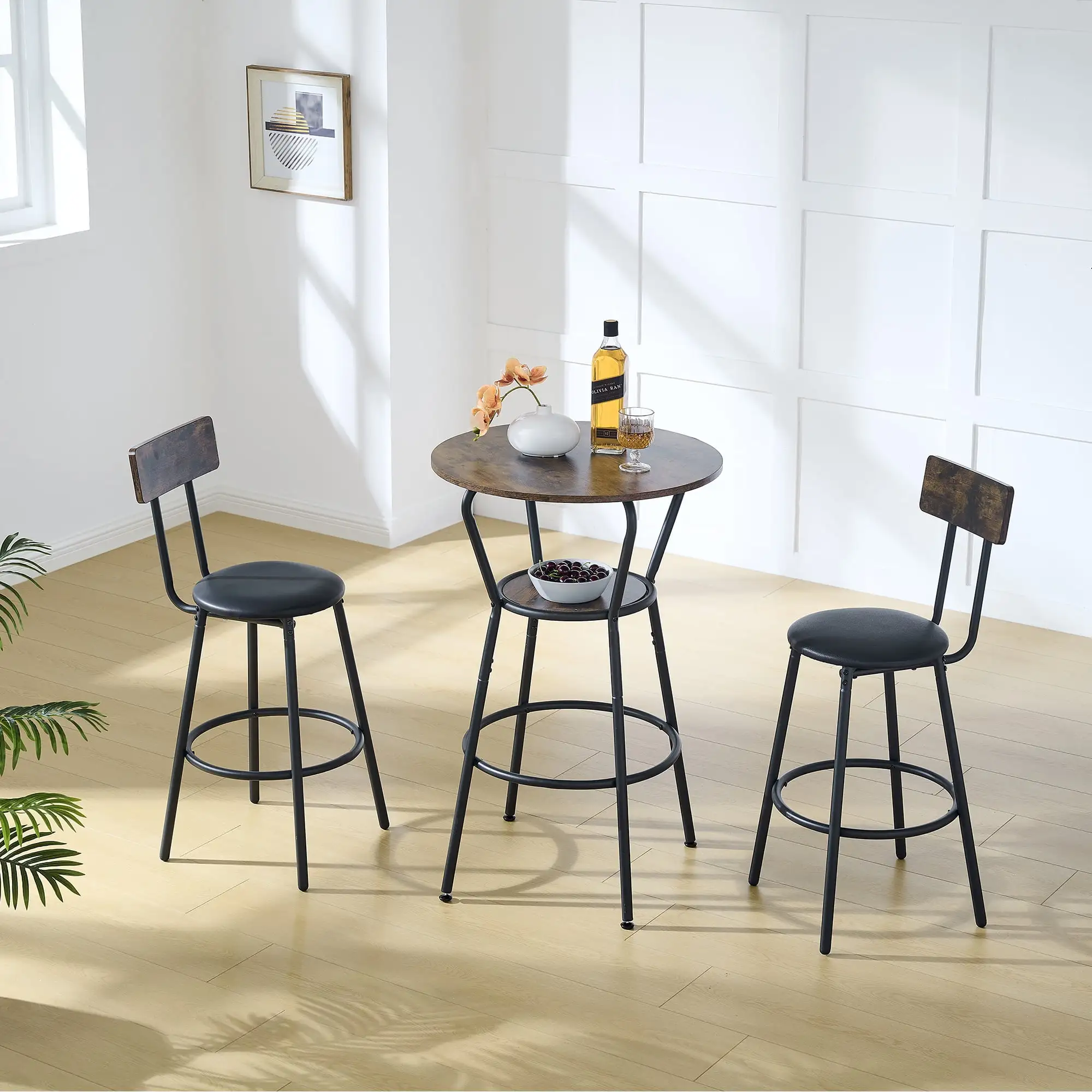 Round bar table and stool set with shelf. upholstered stool with backrest. Rustic Brown. 24.17W x 24.17D x 36.02H