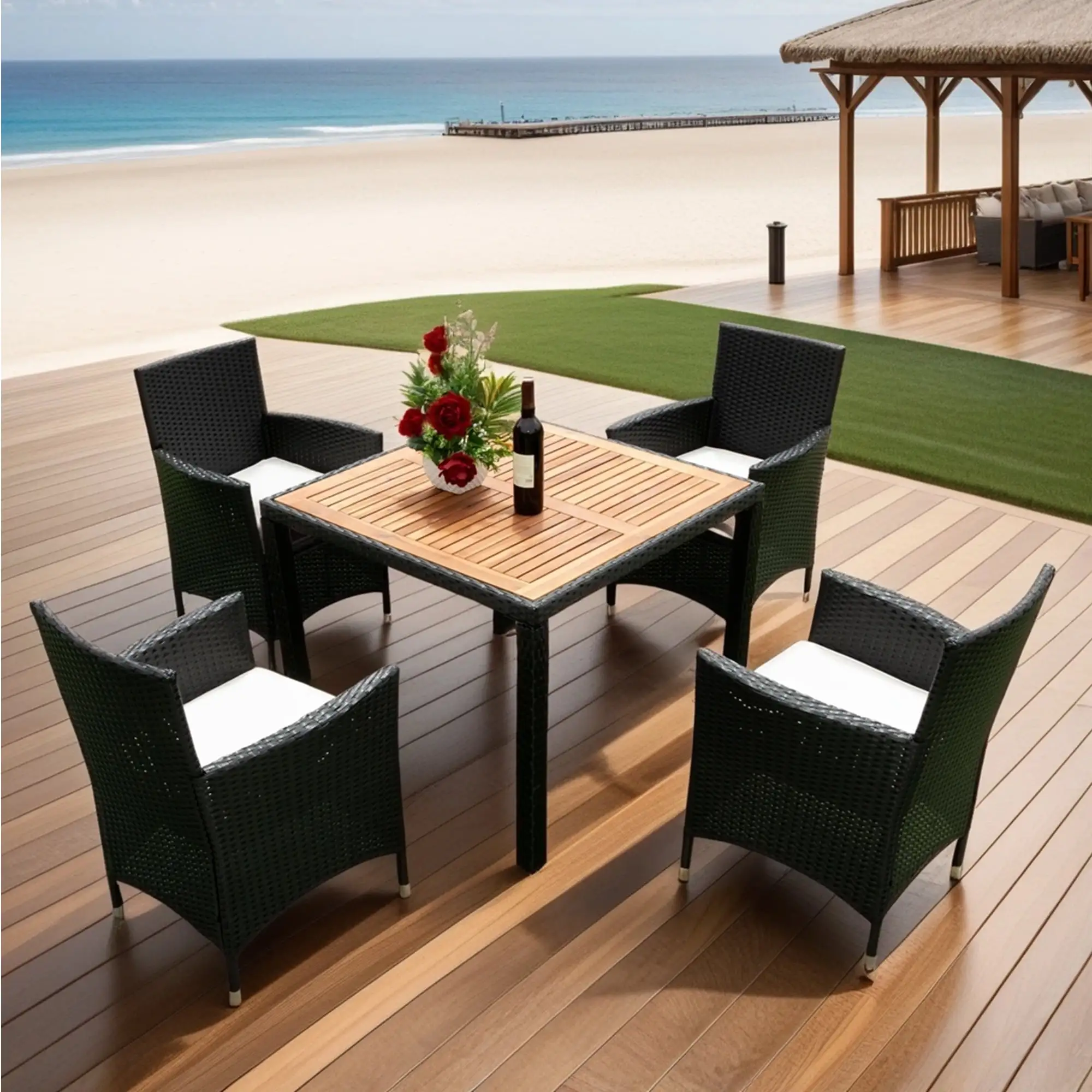 Royard Oaktree 5 Pieces Patio Dining Set. Wicker Outdoor Dining Table and Chairs Set for 4. Conversation Set with Square Table and Rattan Chairs with Cushions for Garden. Backyard