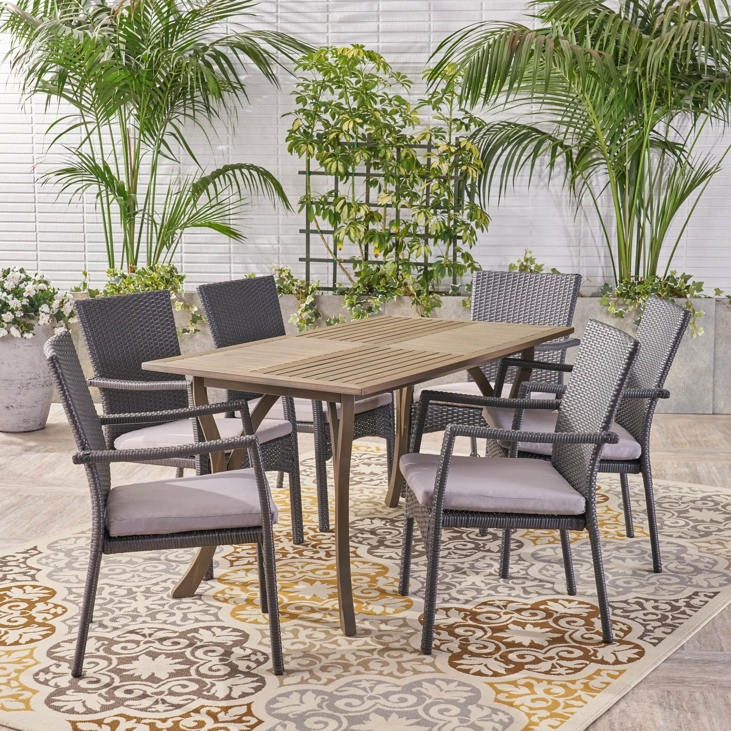 Ruiz Outdoor 7 Piece Wood and Wicker Dining Set with Cushions. Gray. Gray