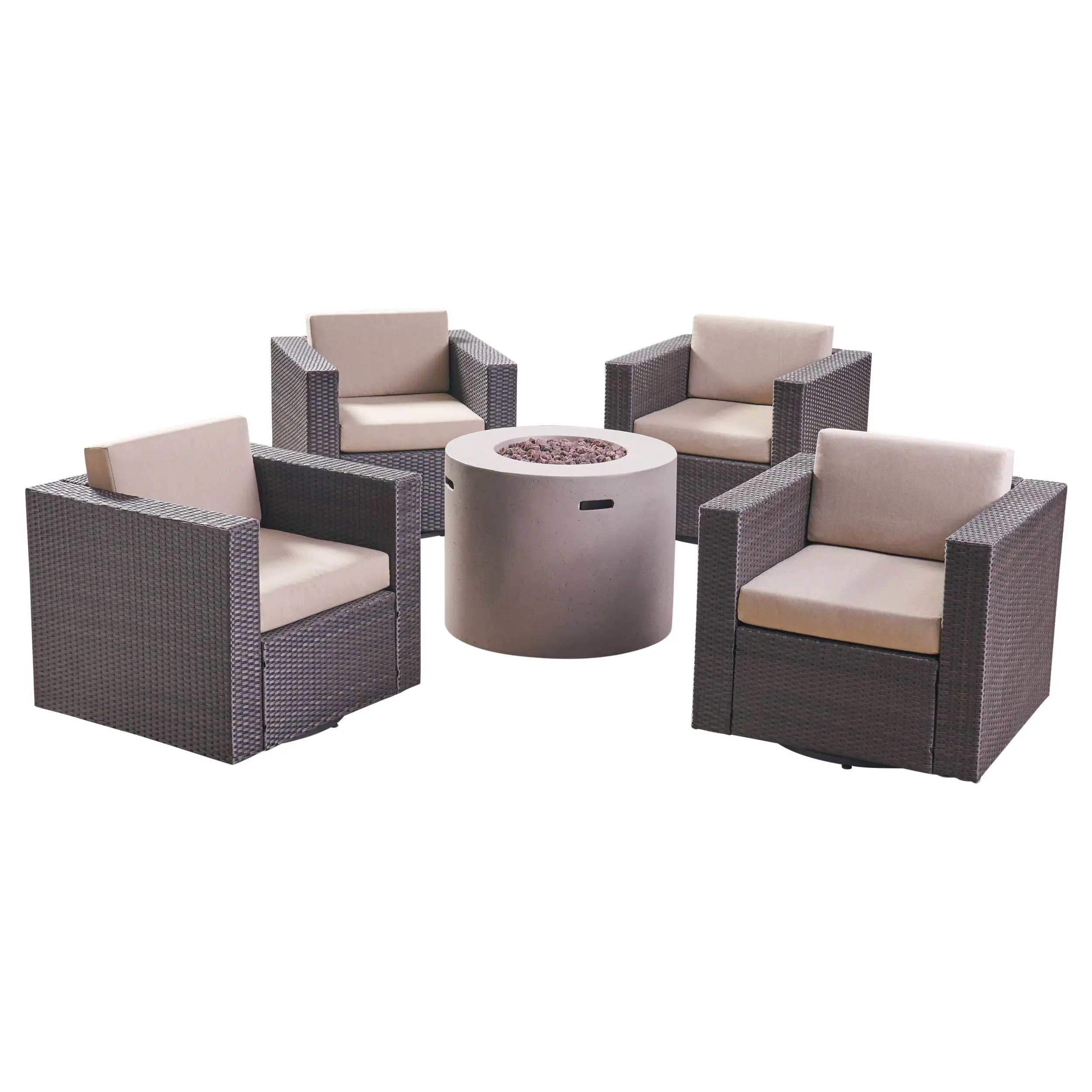 Russell Outdoor 4 Piece Swivel Club Chair Set with Round Fire Pit. Dark Brown