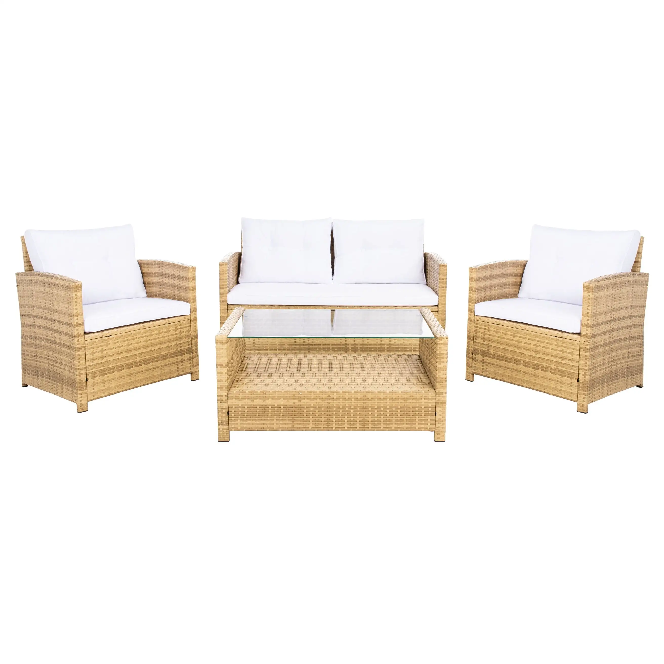 SAFAVIEH Vellor Outdoor Patio 4 Piece Conversation Set. Natural/White