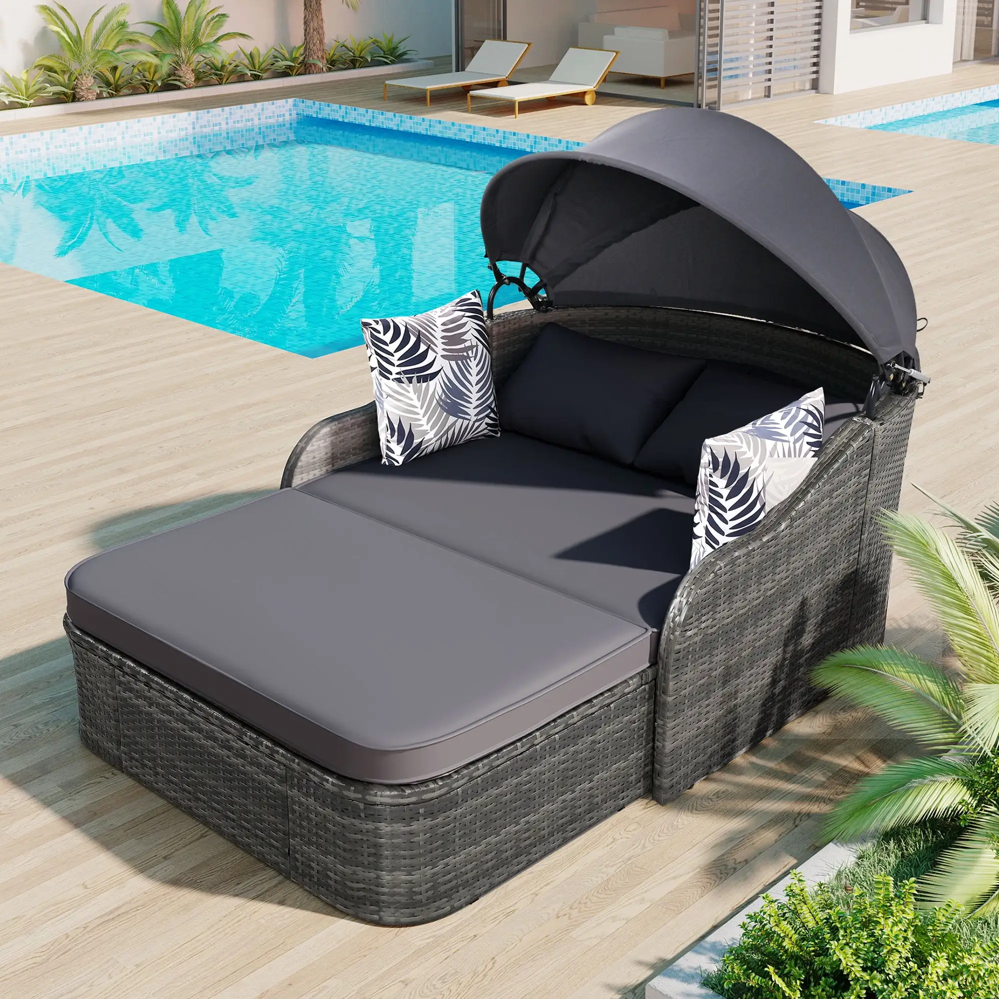 SEGMART Outdoor Sunbed with Retractable Canopy. Patio PE Rattan Double Lounge Daybed with 3 Cushion and 4 Pillows. Patio Double Conversation Bed for Porch. Lawn. Garden. Backyard. Poolside. Gray