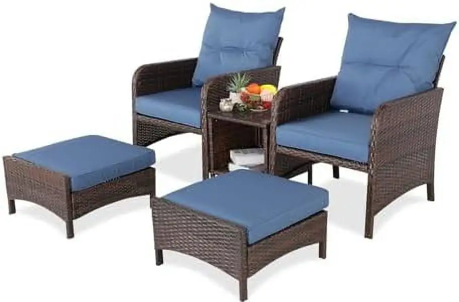 SJOIKLM 5 Piece Patio Conversation Set Balcony PE Wicker Rattan Outdoor Lounge Chairs with Cushions and 2 Ottoman Glass Table for Porch Lawn (Sapphire Blue)