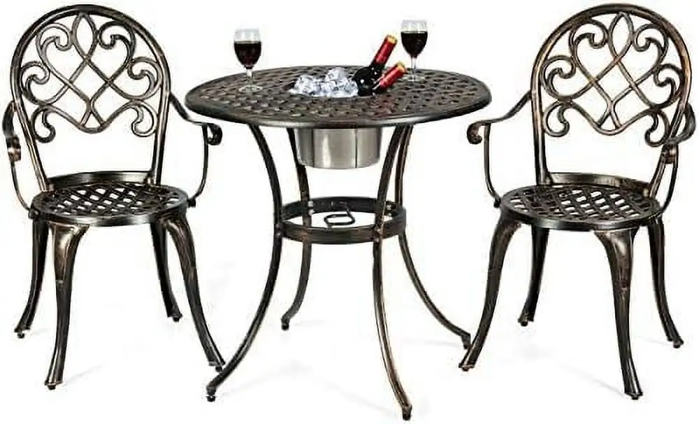 SJOPKMNH 3pcs Bistro Table Set Cast Aluminum Outdoor Patio Set Round Table W/Removable Ice Bucket 2 Chairs Antique Garden Weather Resistant (Antique Bronze)