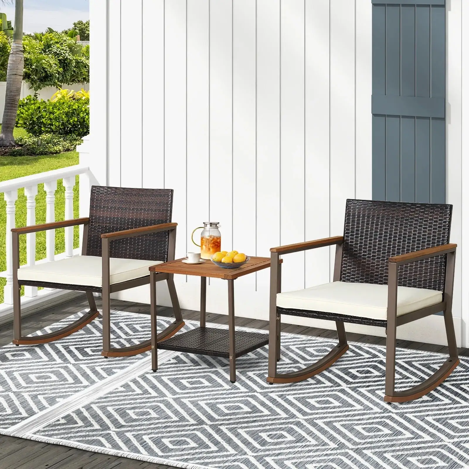 SK-OLU-3Set-GR 3 Pieces Rocking Bistro Set. Patio Rattan Furniture Conversation Chairs with Coffee Table & Cushions for Balcony Porch Poolside Brown