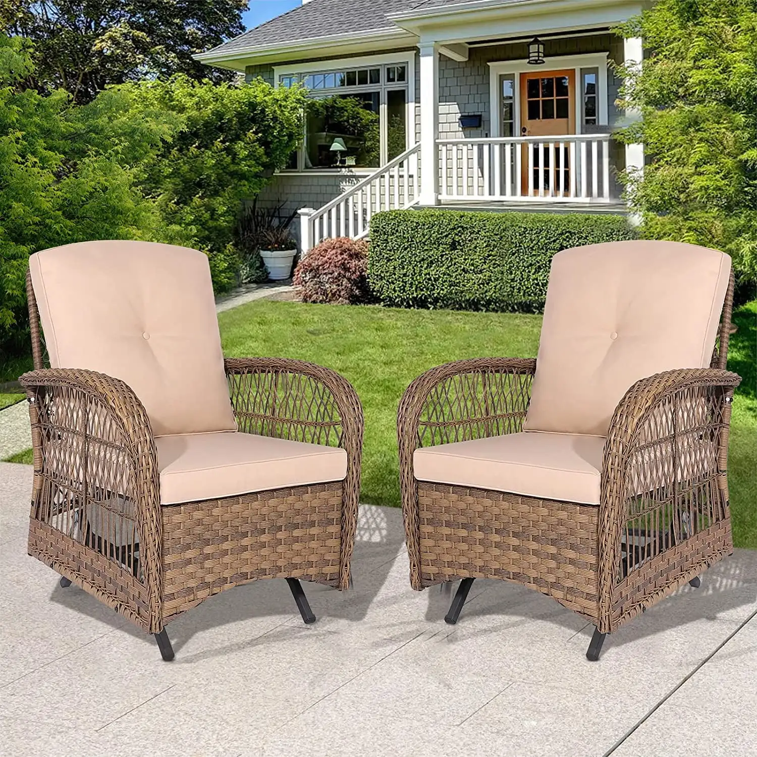 SOCIALCOMFY Outdoor Wicker Glider Rocker Chair. Patio Rattan Gliding Rocking Chairs Set of 2 with Thickened Cushions. All-Weather Wicker Furniture Sets for Porch Garden & Backyard