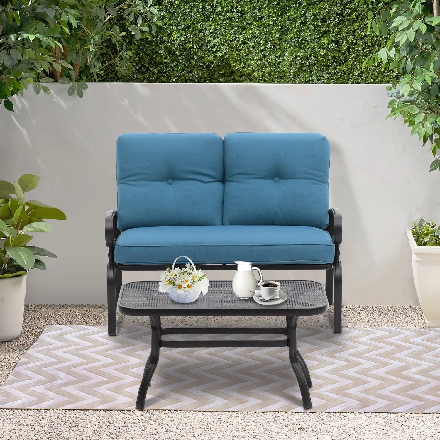 SOLAURA 2-Piece Outdoor Patio Loveseat Metal Bench with Coffee Table and Peacock Blue Cushions