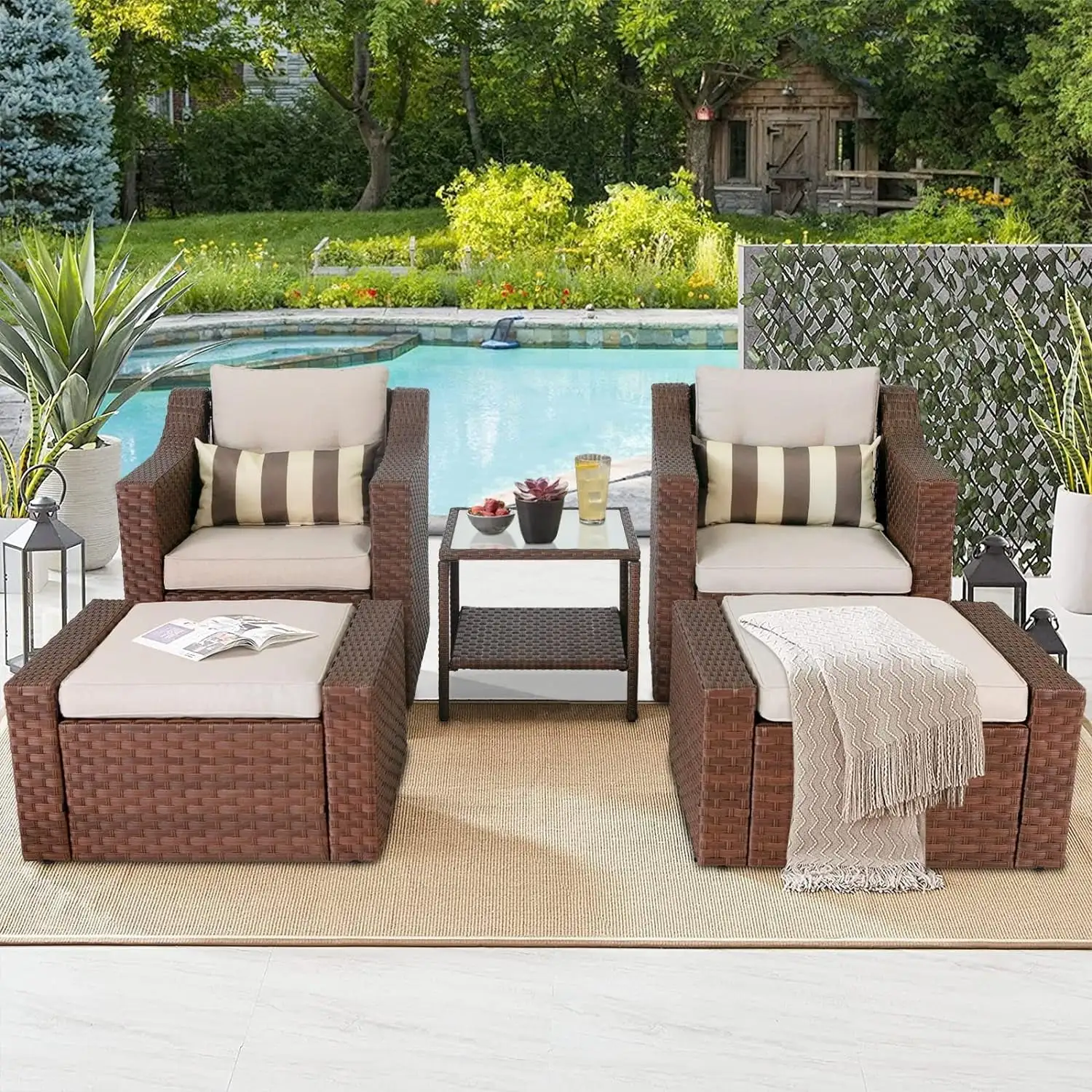 SOLAURA 5-Piece Outdoor Furniture Set Patio Wicker Conversation Set with Lounge Chairs & Ottomans. Brown