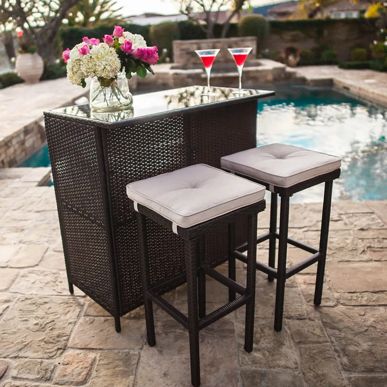 SUNCROWN 3-Piece Outdoor Wicker Bar Set Patio Furniture and Two Stools with Cushions.Brown