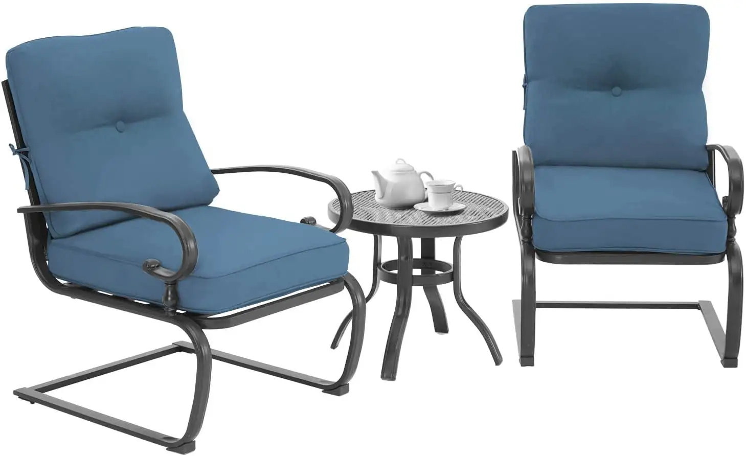 SUNCROWN 3-Piece Patio Furniture Outdoor Bistro Set Spring Metal Chairs and Round Bistro Table. Blue