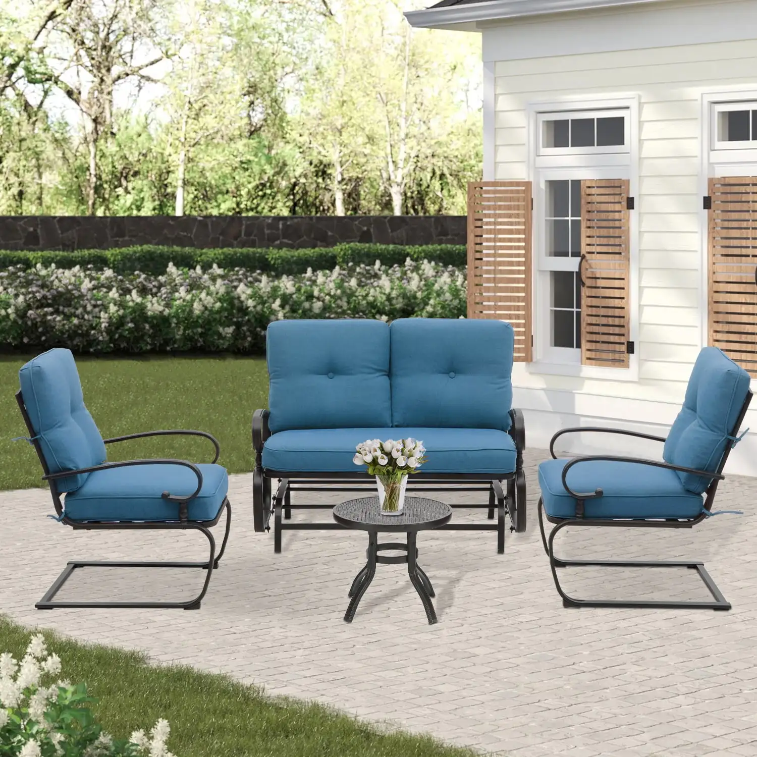 SUNCROWN 4-Piece Outdoor Patio Furniture Set Wrought Iron Conversation Sets. Peacock Blue