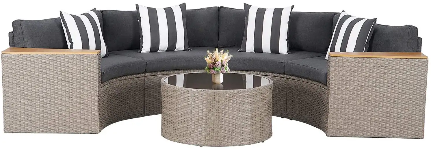 SUNCROWN 5-Piece Outdoor Patio Furniture Set Wicker Conversation Set Sectional Sofa with Round Glass Table. Gray