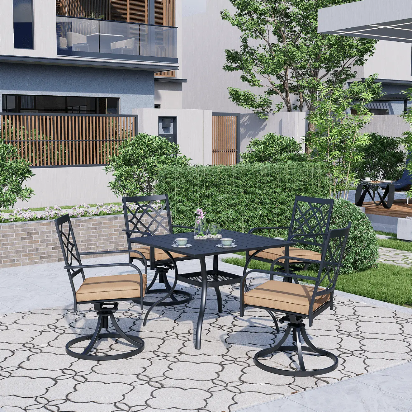 SUNCROWN 5 Pieces Outdoor Patio Metal Dining Set Swivel Chairs and Table Set with Brown Cushions