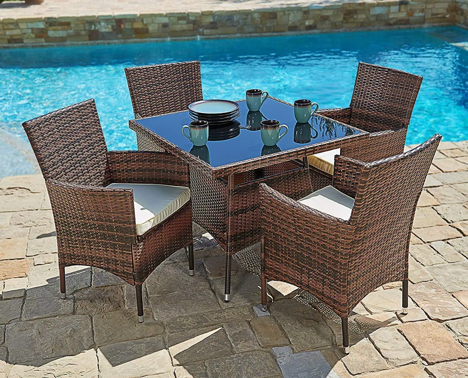 SUNCROWN Outdoor Furniture All-Weather Square Wicker Dining Table and Chairs for 4 (5-Piece Set) Washable Cushions. Patio. Backyard. Porch. Garden. Poolside. Tempered Glass Tabletop. Modern Design