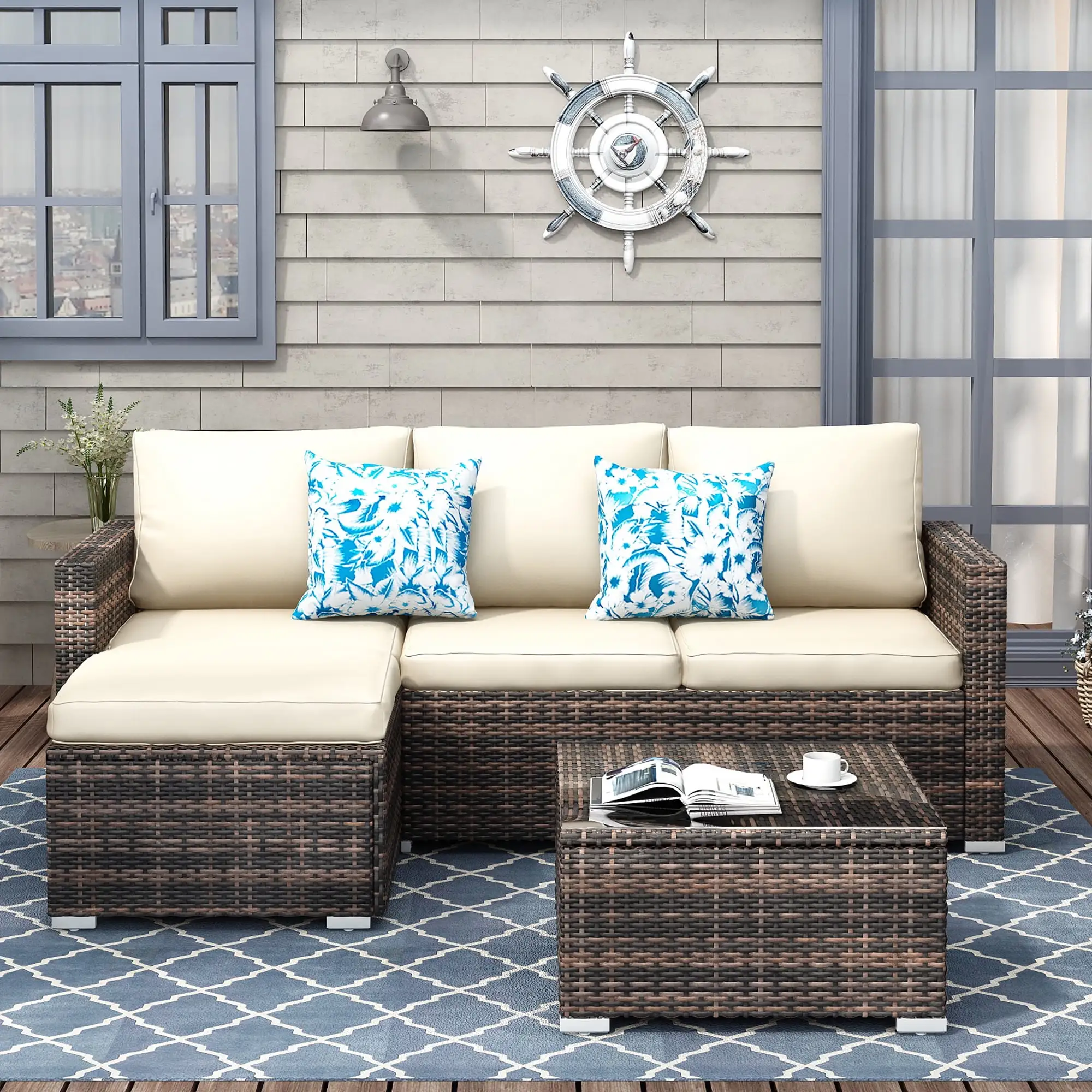 SUNTONE Patio Sectional Set - 3 Pieces Outdoor Conversation Set Wicker Rattan Outdoor Furniture Sofa with Table. Beige