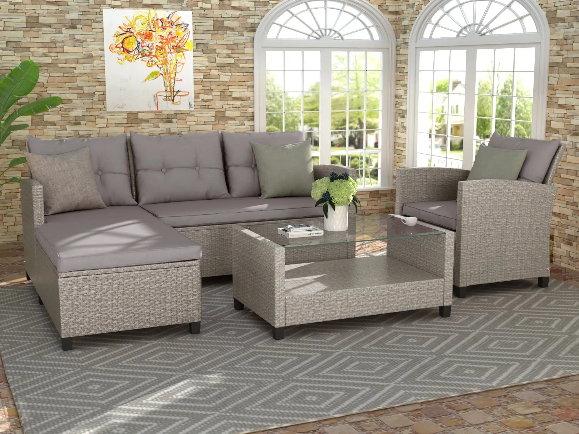 SYNGAR 4 Piece Outdoor Rattan Sectional Furniture Set. Patio Cushioned Conversation Sofa Set with Glass Coffee Table. All Weather PE Wicker Chairs Set for Backyard. Balcony. Poolside. Deck. D6677