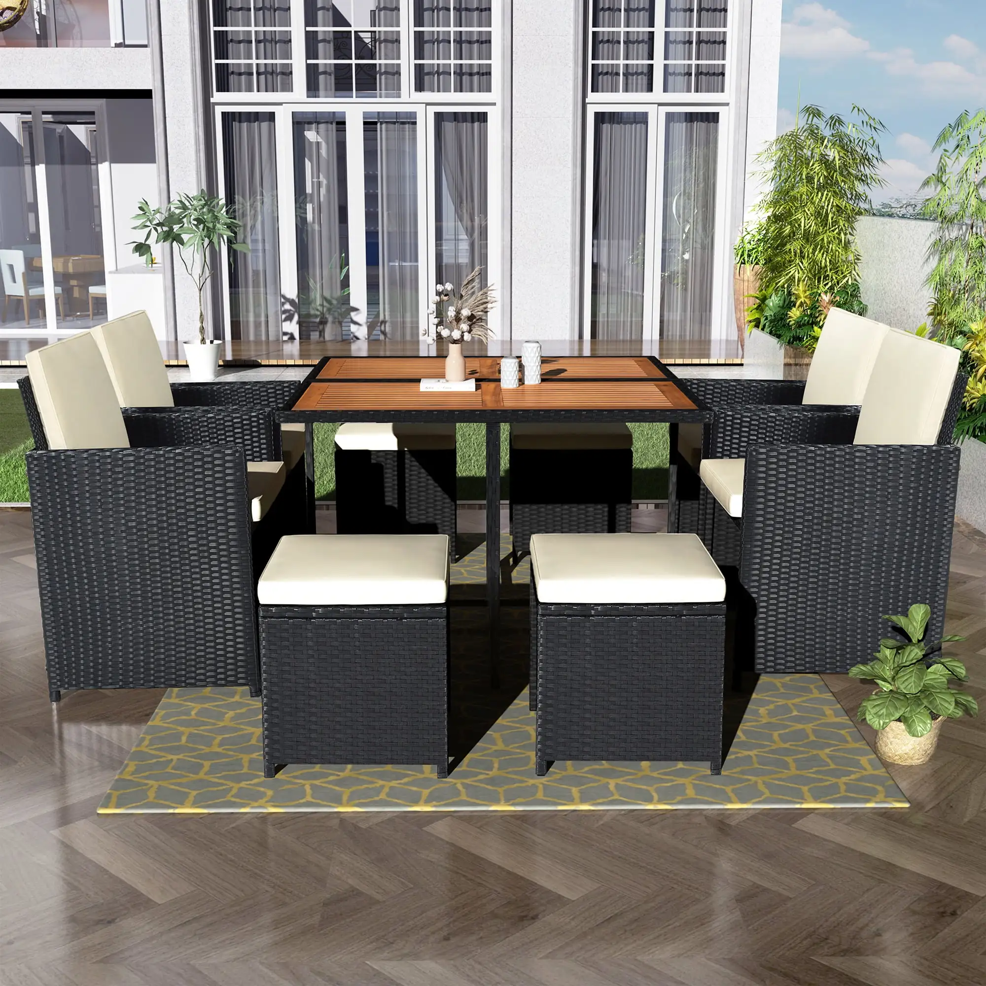 SYNGAR 9 Piece Wicker Outdoor Dining Set. Patio Table and Chairs Set for 8. Yard Conversation Sofa Set with Wood Tabletop & Ottomans. All Weather Sectional Furniture Set for Garden. Deck. Pool. D8258