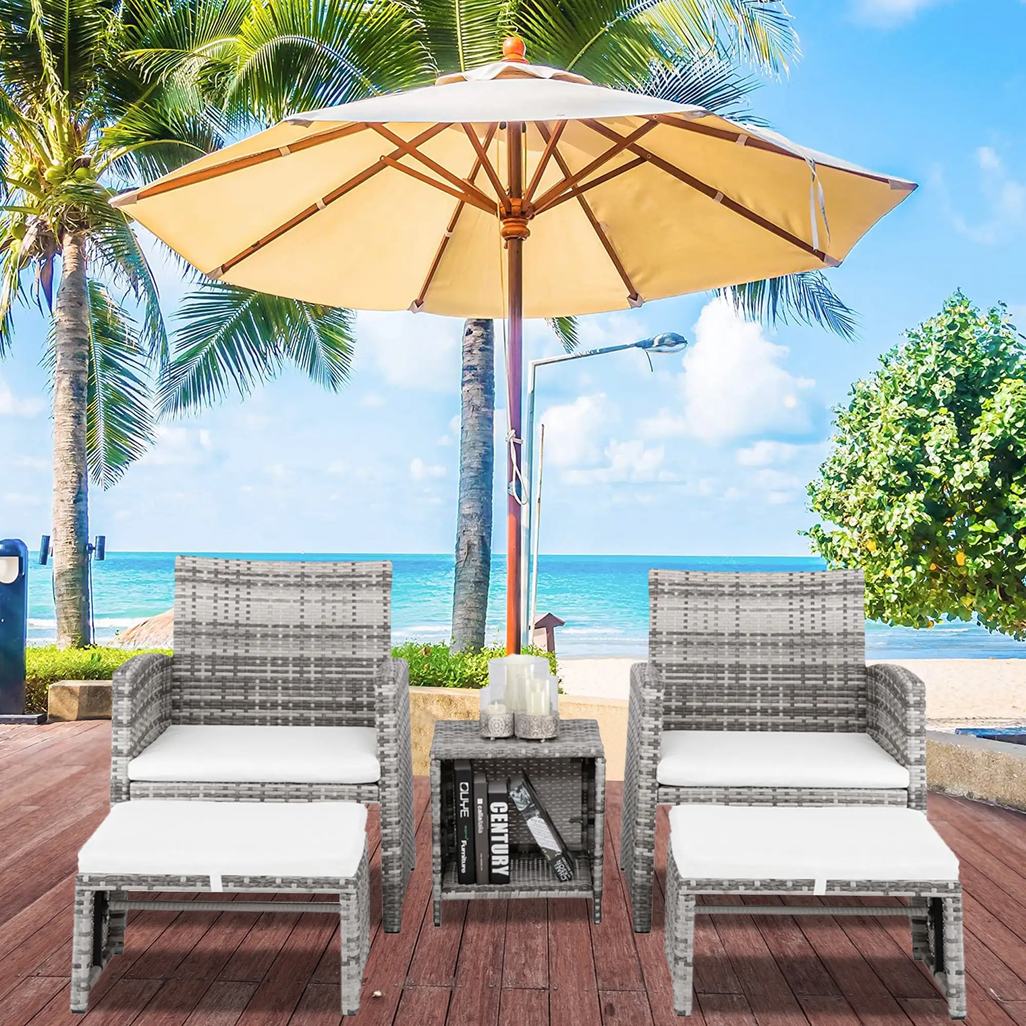 SYNGAR Patio Wicker Chairs Set. 5 PCS Patio Furniture Set with Lounge Chair and Ottoman Footrest. Outside Sectional Sofa Set. Porch Balcony Lawn Pool Conversation Set. GE031