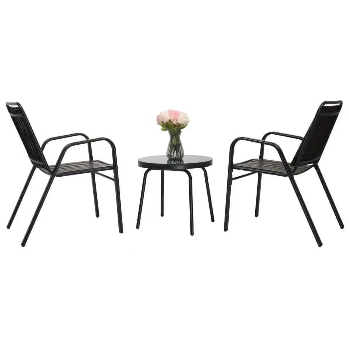 SYTHERS 3-Piece Outdoor Furniture Set. Patio Bistro Table Set with 2 Stackable Patio Dining Chairs and Glass Table. Black and Coffee for Yard Balcony Porch