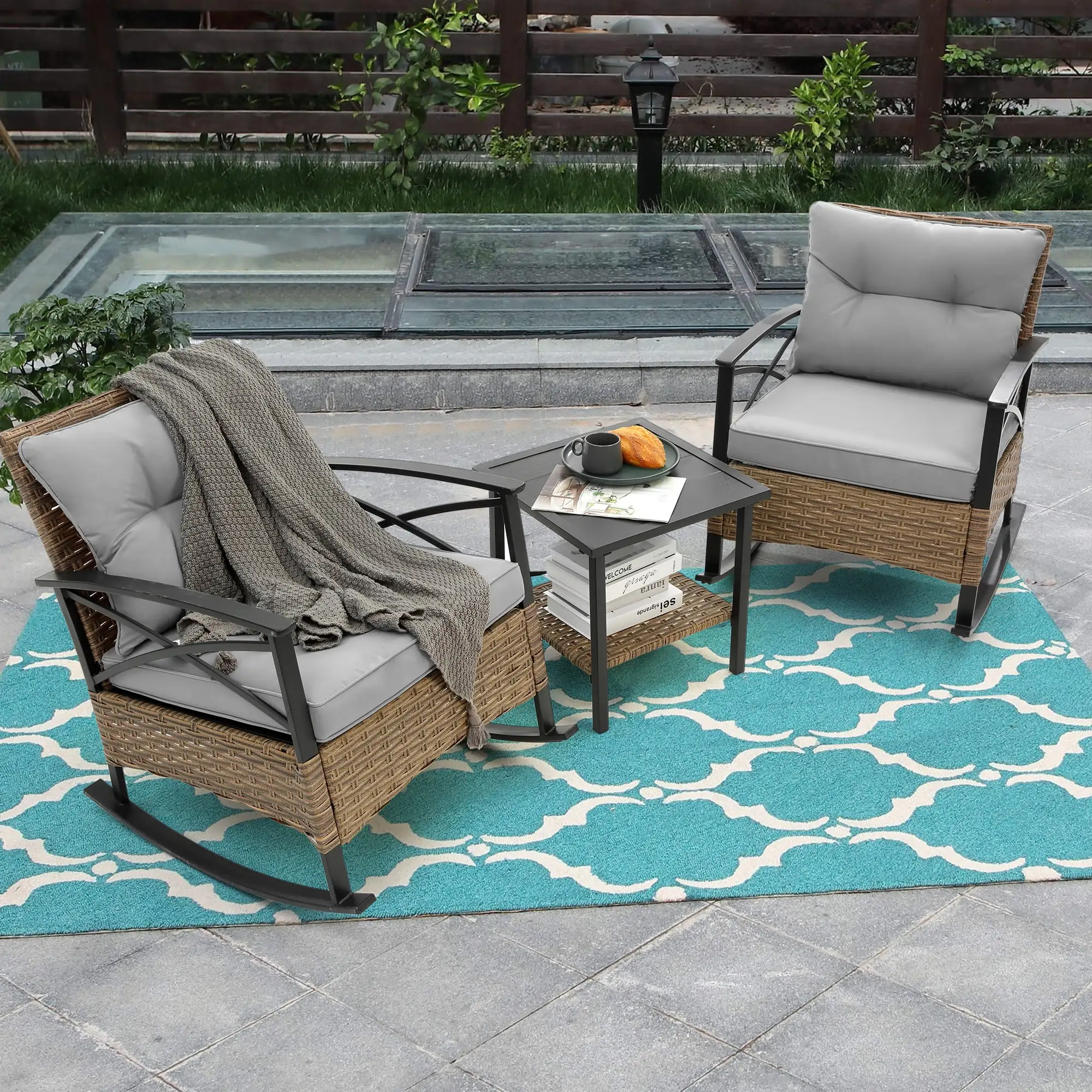 SZLIZCCC 3 Piece Outdoor Rocking Bistro Set. Rattan Rocking Chair Front Porch Furniture with Cushions. Modern Outdoor Conversation Sets with Rattan Side Table for Garden Balcony Backyard Poolside