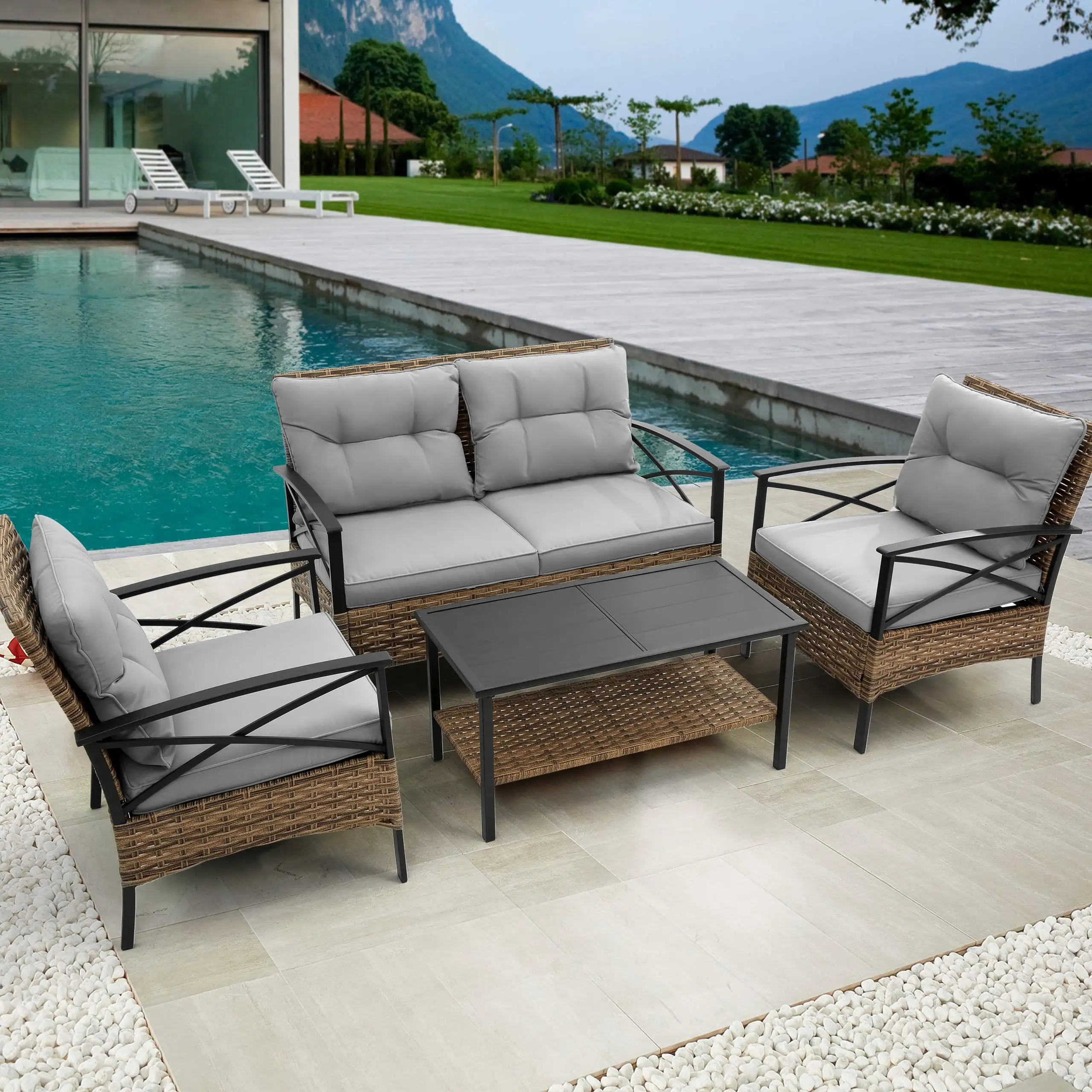 SZLIZCCC 4 Piece Patio Furniture Set. Outdoor Conversation Set Patio Furniture. KD Rattan Wicker Outdoor Garden Furniture Corner Sofa Set with Cushion. 2 Single Chairs. Loveseat Sofa. 1 Table