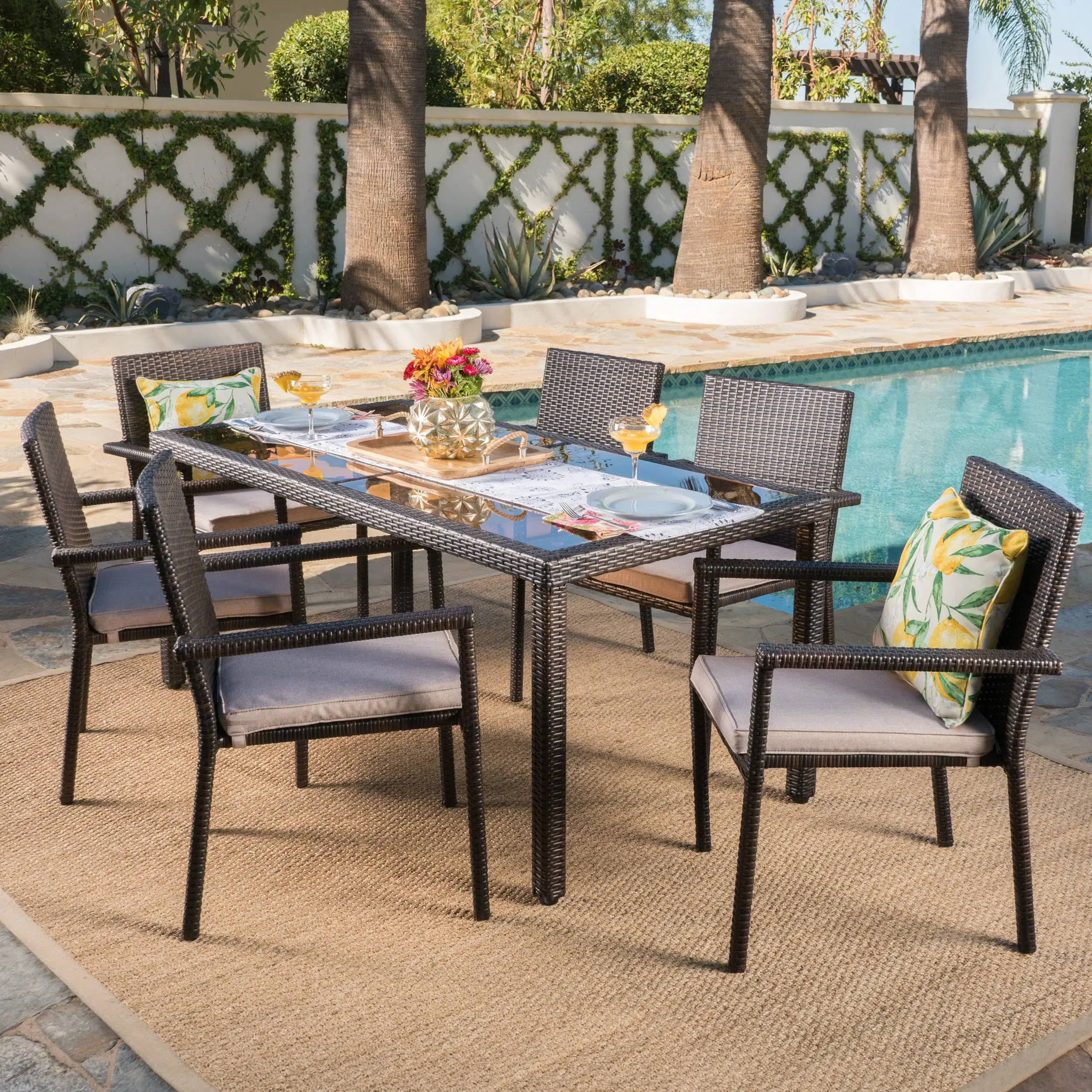 Santos Outdoor 7 Piece Wicker Rectangular Dining Set with Water Resistant Cushions. Multibrown. Textured Beige