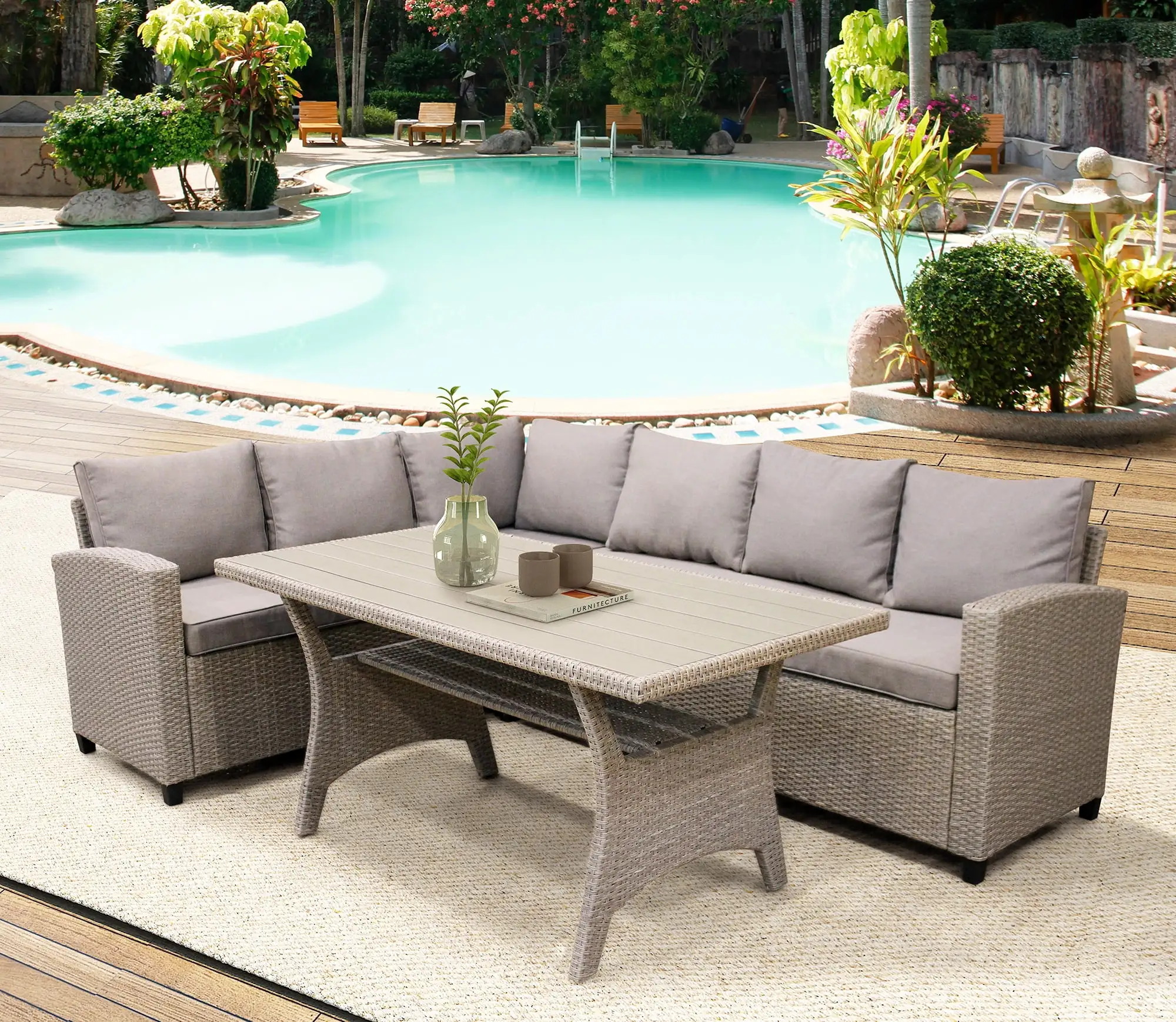 Sectional Patio Dining Set. SEGMART 3 Pieces Modular Wicker Conversation Furniture Set with Removable Seat Cushions & Square Wood Top Table. Soft Cushions for Porch. Backyard. 705lbs. S7028