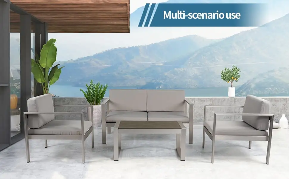 Sectional Sofa Sets. Modern Luxury Aluminum 4 Pieces Patio Furniture with Cushions. Coffee Table and Armchair. Conversation Sofa Sets for Porch. Poolside. Backyard. Garden. Gray and Silver