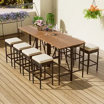 Seetaras 10-Piece Outdoor Patio Bar Set.Rattan Wicker Dining Set with 8 Stools.2 Wood Tables and Removable Cushions Foldable Tabletop Bar Height Patio Set for Backyard.Porch.Garden