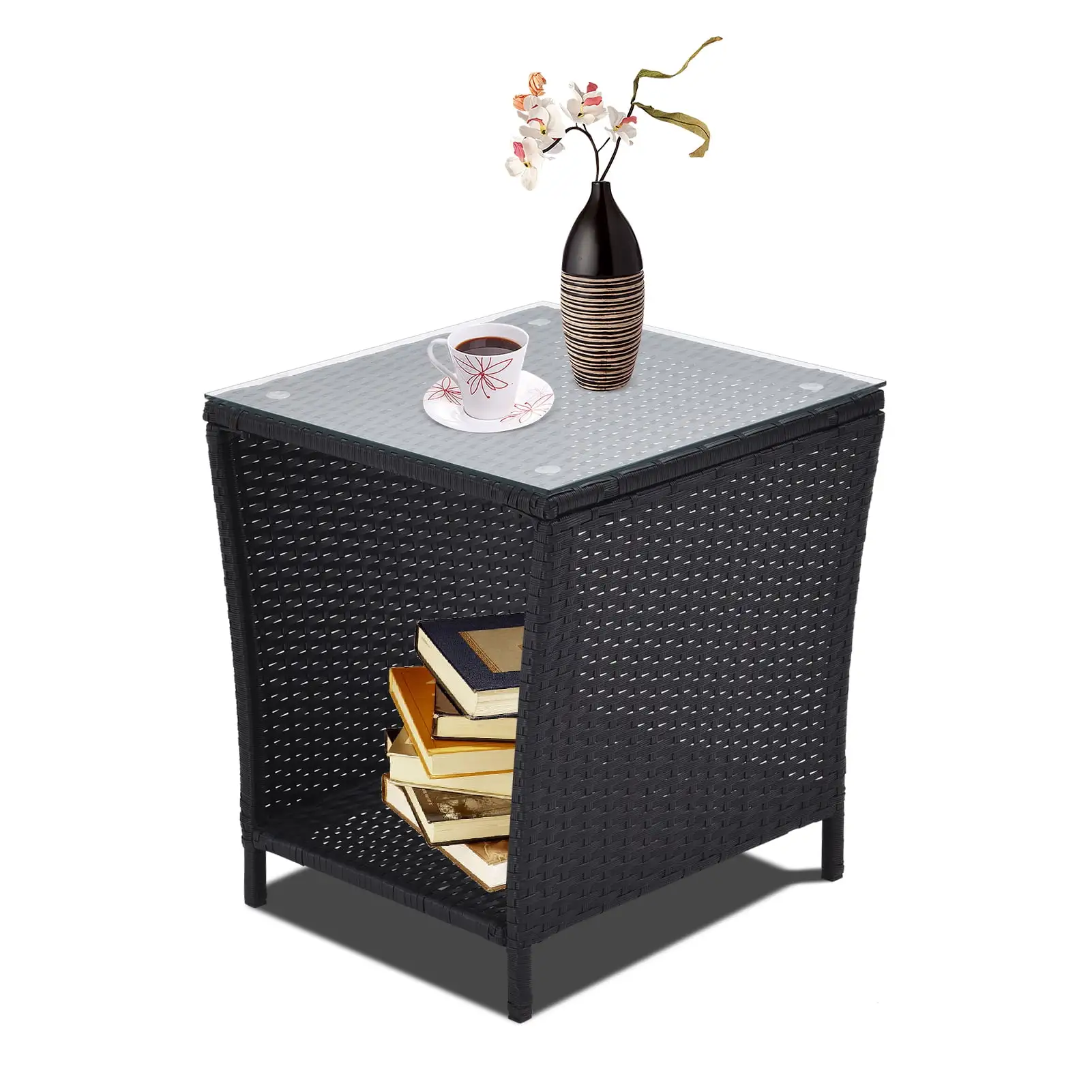 Seizeen Outdoor Side Table for Patio Rattan Furniture. Small Rattan End Table with Storage 2 Layer. Glass Top Coffee Table for Chairs Garden Porch Deck. 18inch